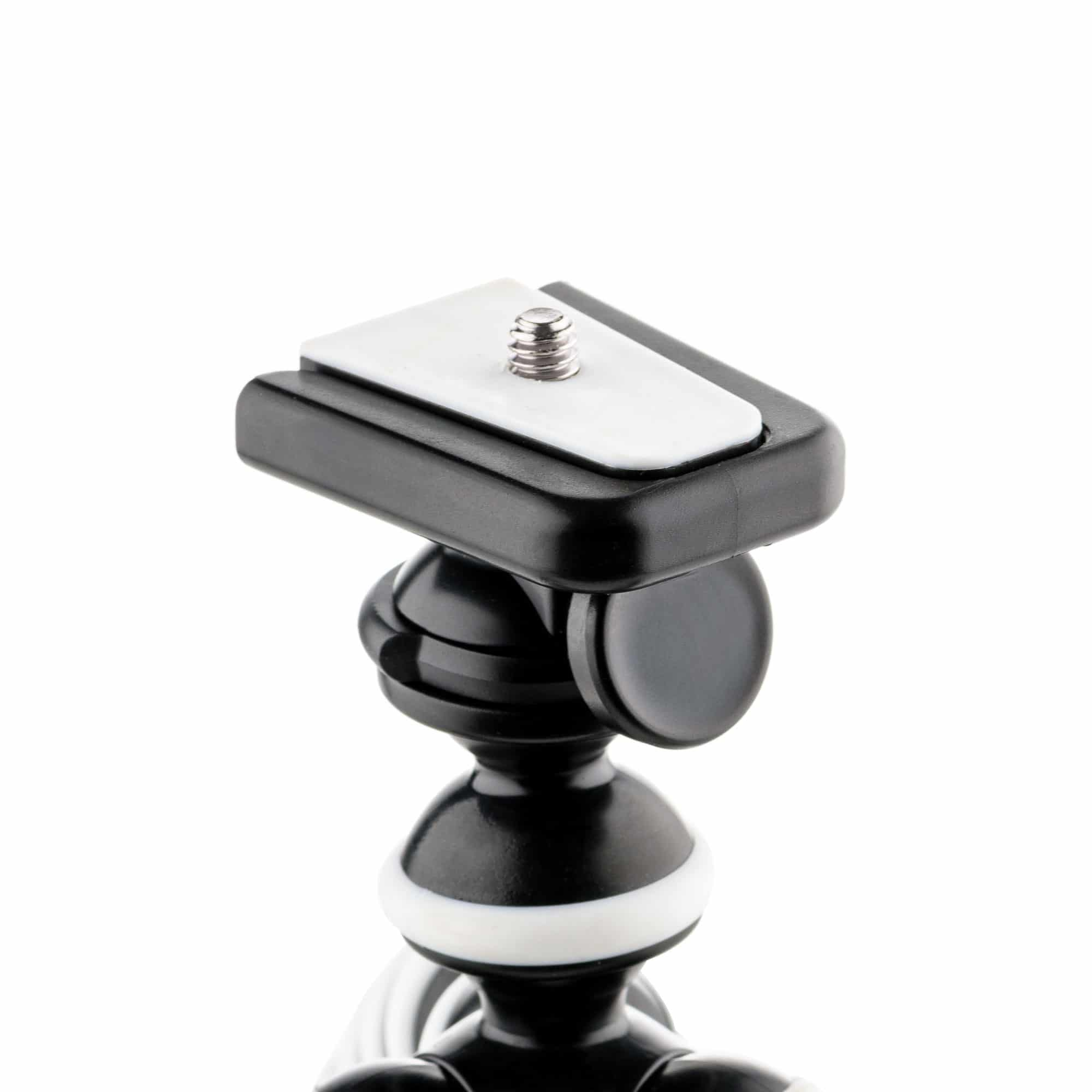 Close-up of a black and white tripod head. The head has a ball joint and a plate.