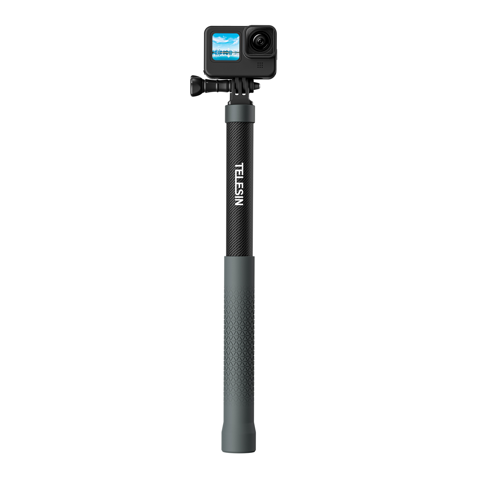Zwarte actiecamera op een Telesin selfiestick met een grijze handgreep, witte achtergrond.