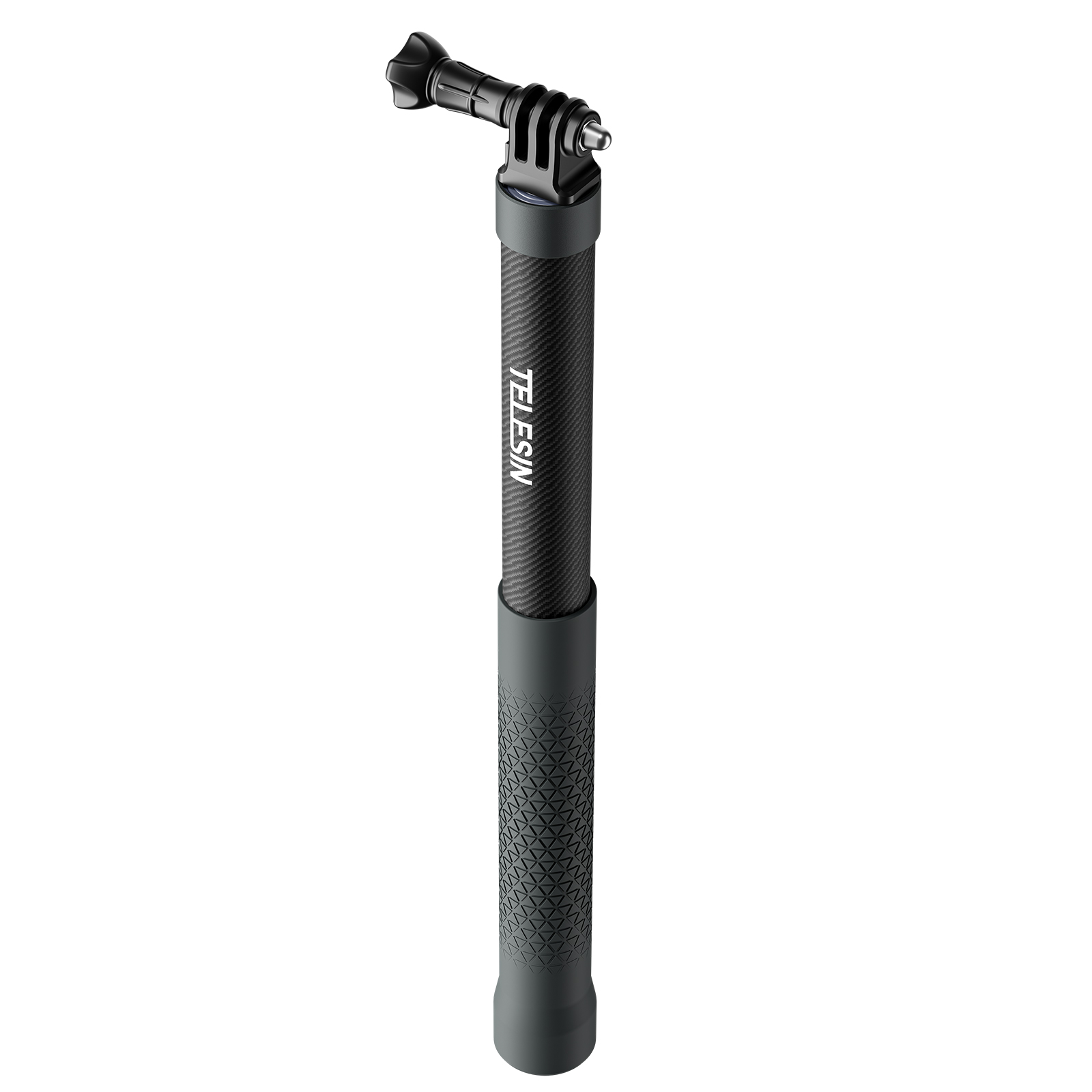 Zwarte en grijze selfiestick met een getextureerde handgreep. De merknaam is zichtbaar.