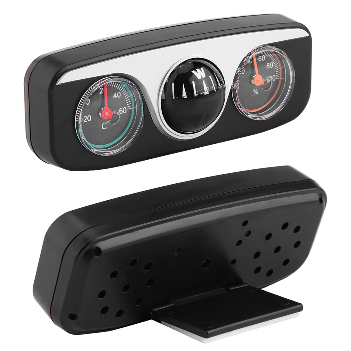 Schwarzes Gerät mit Messgeräten: Thermometer, Kompass und Hygrometer.