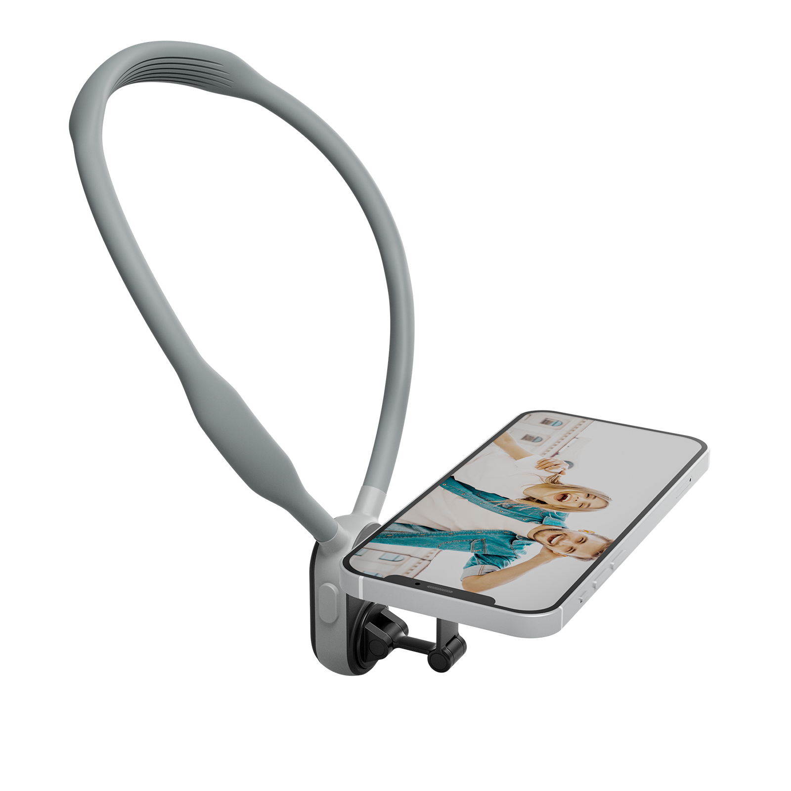 Ein Telefonhalter an einem flexiblen Hals. Das Telefon zeigt ein Bild. Eine Person ist im Bild.