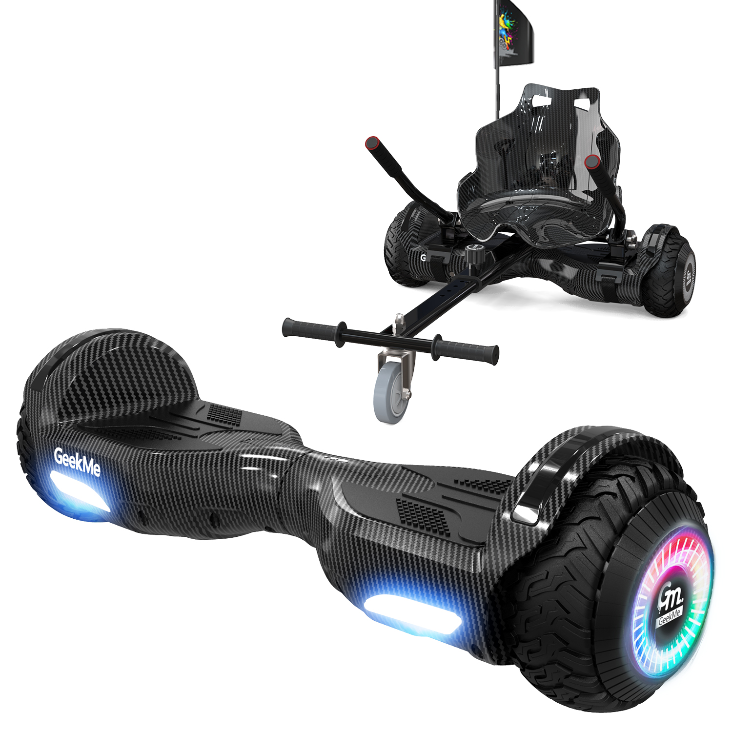 Hoverboard nero e accessorio kart. Hoverboard con luci blu. Sedile e bandiera kart attaccati.
