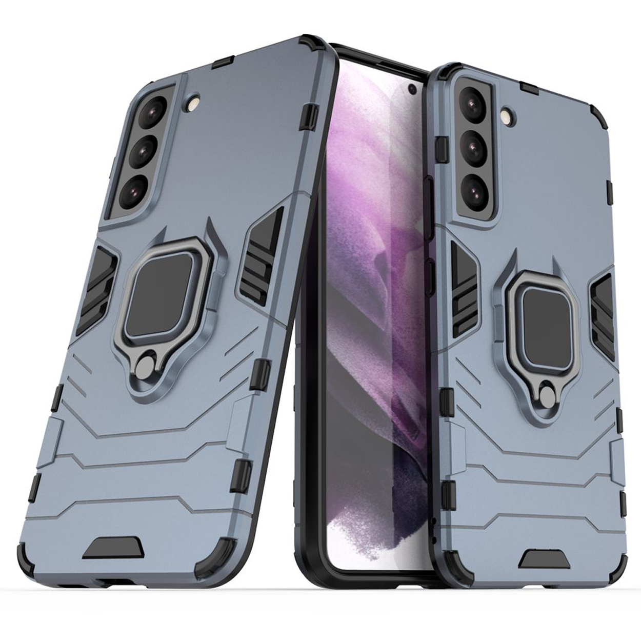 Trois étuis de protection pour téléphone côte à côte. Ils sont gris et ont un support de bague.
