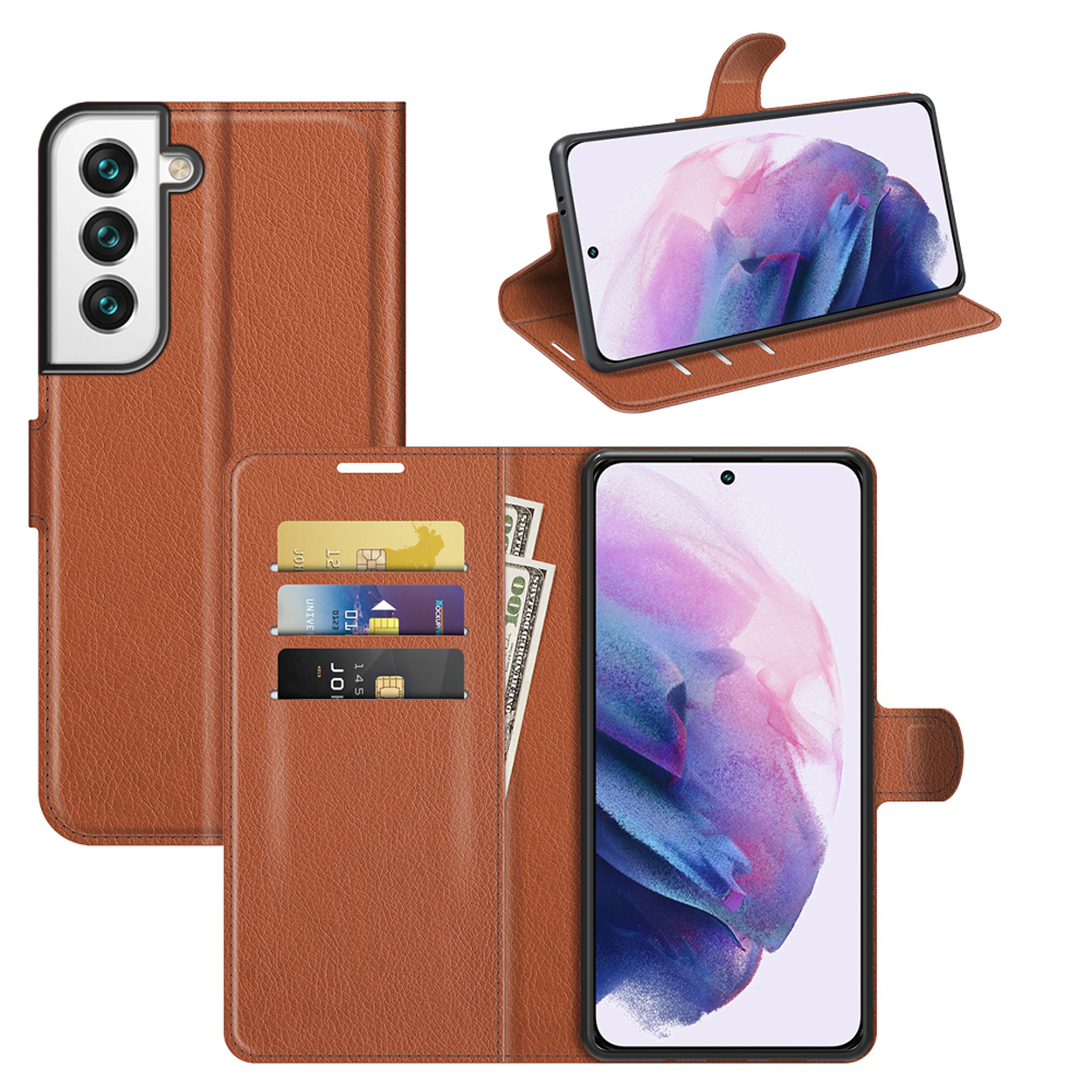 Bruine telefoonhoes met kaarten en geld. Telefoon zichtbaar. Achtergrond is wit.