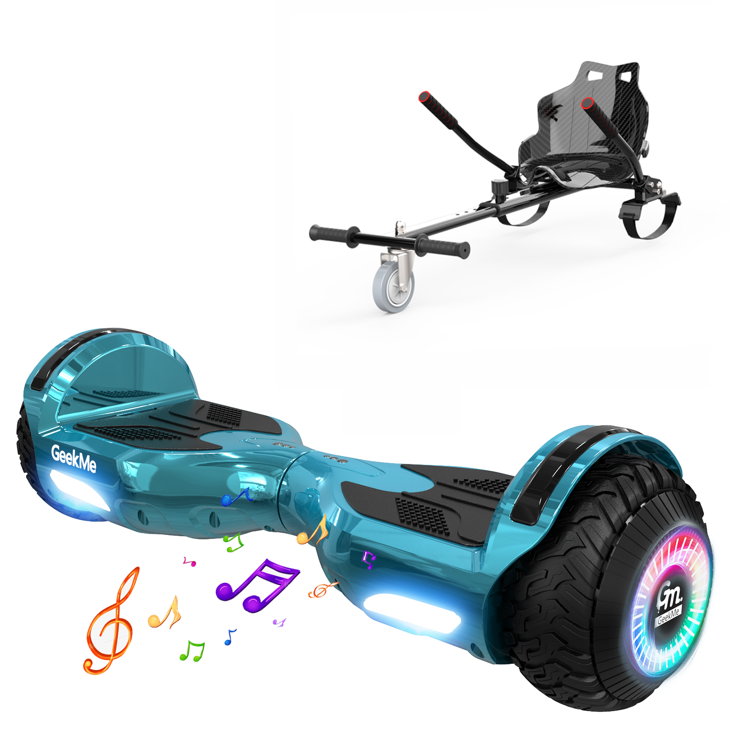 Un hoverboard e un accessorio go-kart. L'hoverboard è verde acqua con luci e note musicali.