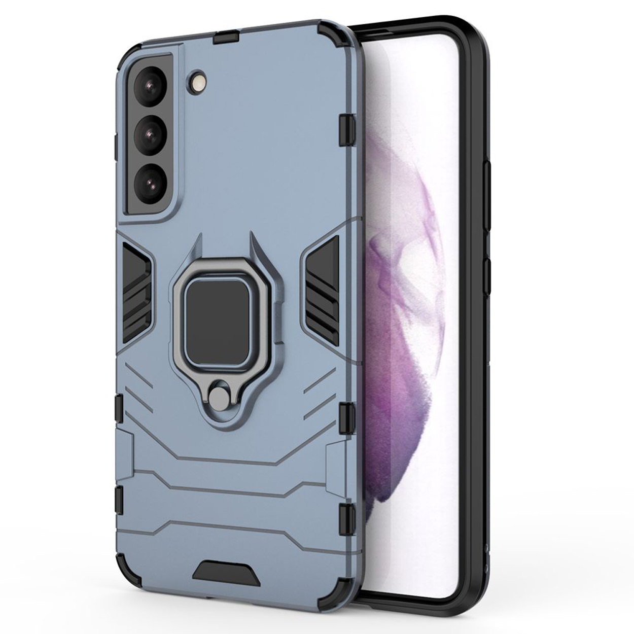 Coque de téléphone bleue avec anneau de support. Le téléphone est inséré dans la coque. Fond blanc.