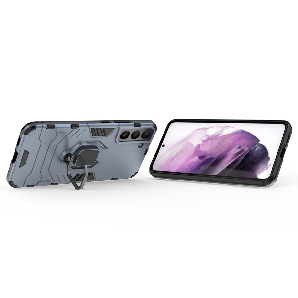 Deux smartphones, un dans un étui avec un support à anneau, l'autre affichant un écran.