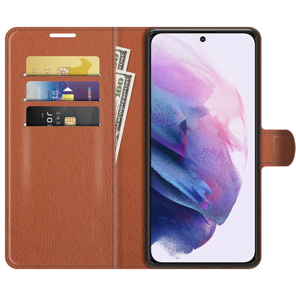 Bruine leren telefoonhoes open, met kaarten en geld zichtbaar. Telefoon is rechts.