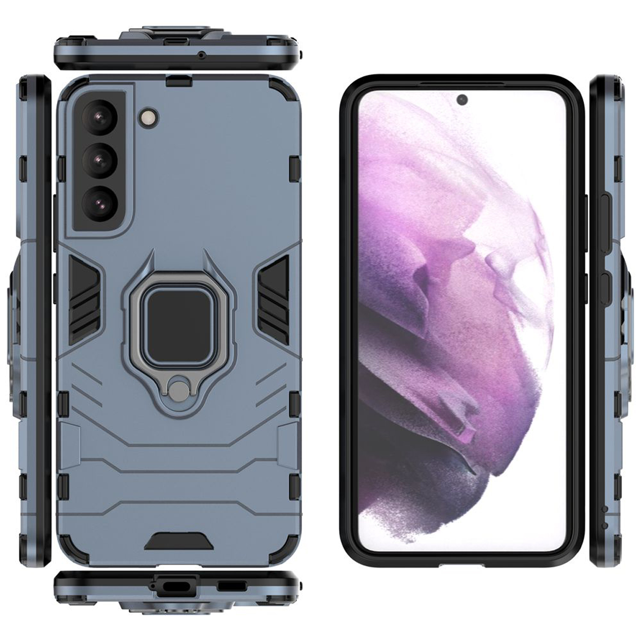 Coque de téléphone bleue avec anneau et découpes caméra; écran du téléphone à droite.