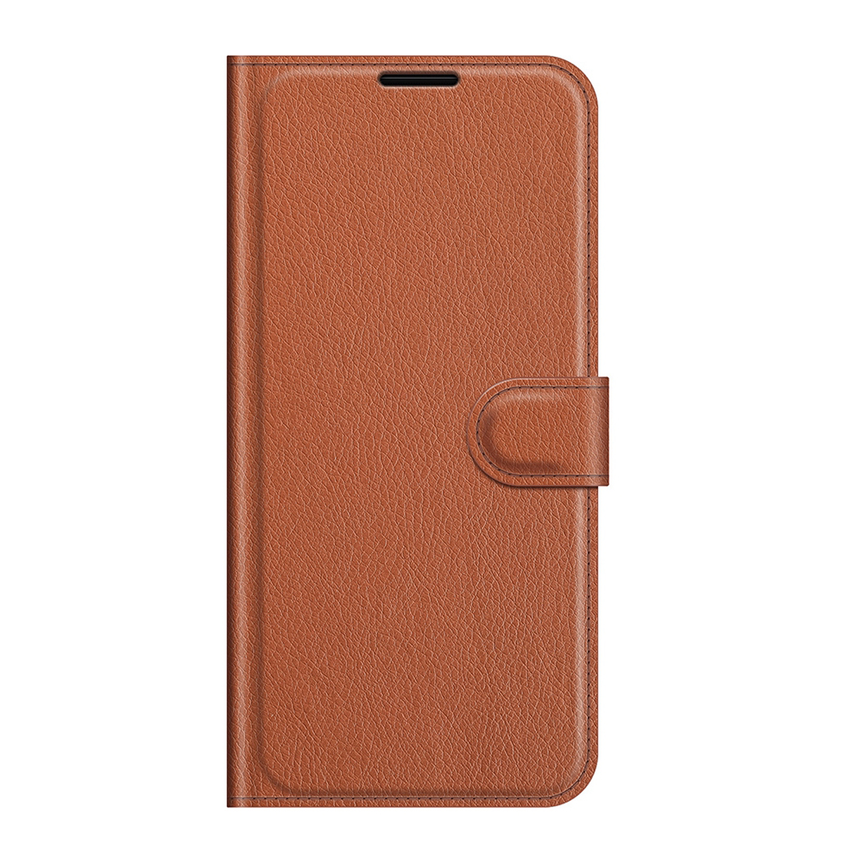 Bruine leren telefoonhoes, gesloten. De hoes heeft een magnetische sluiting.