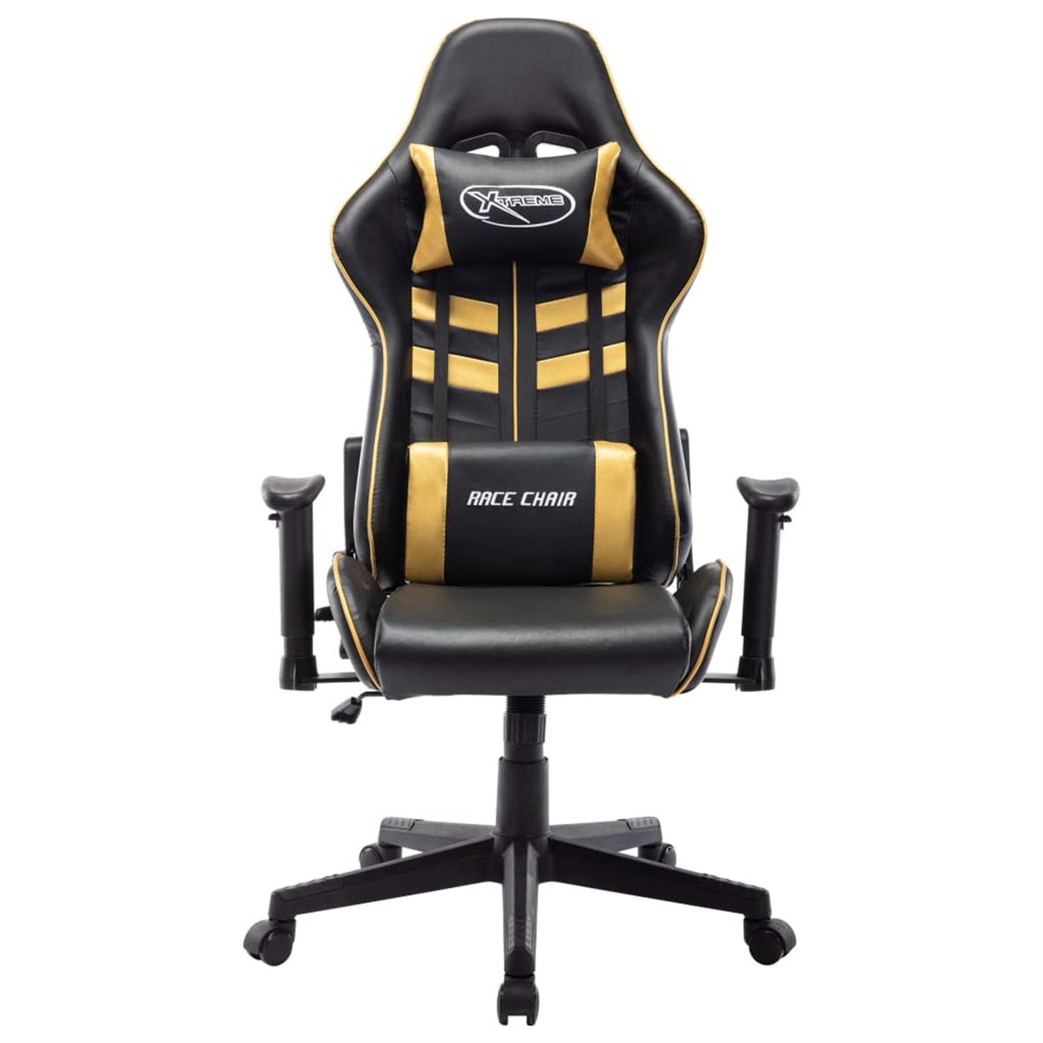 Schwarzer und goldener Gaming-Stuhl. Er hat eine Kopfstütze mit XTREME-Logo. Stuhl hat Räder.