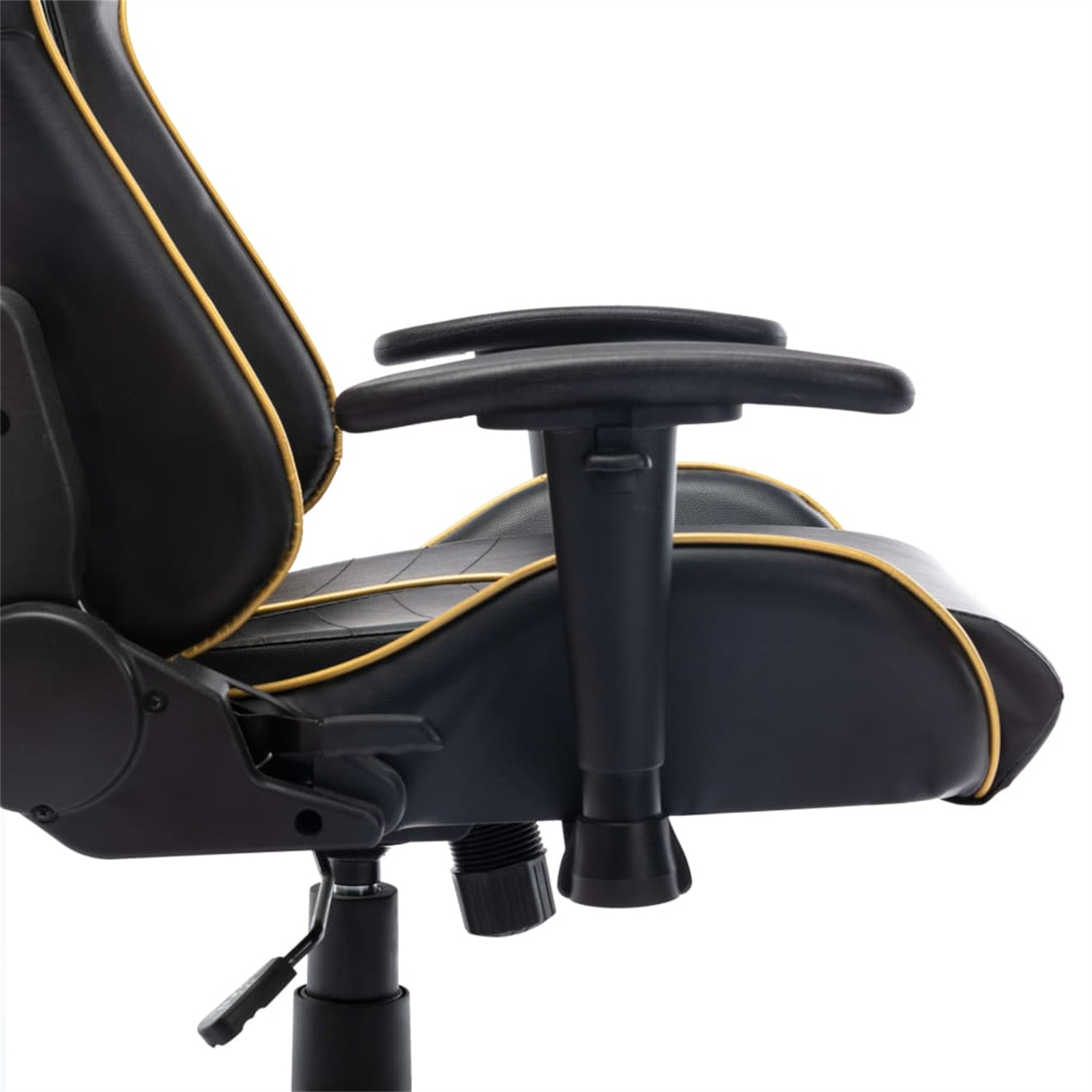 Seitenansicht eines Gaming-Stuhls mit Armlehne und gelbem Besatz.
