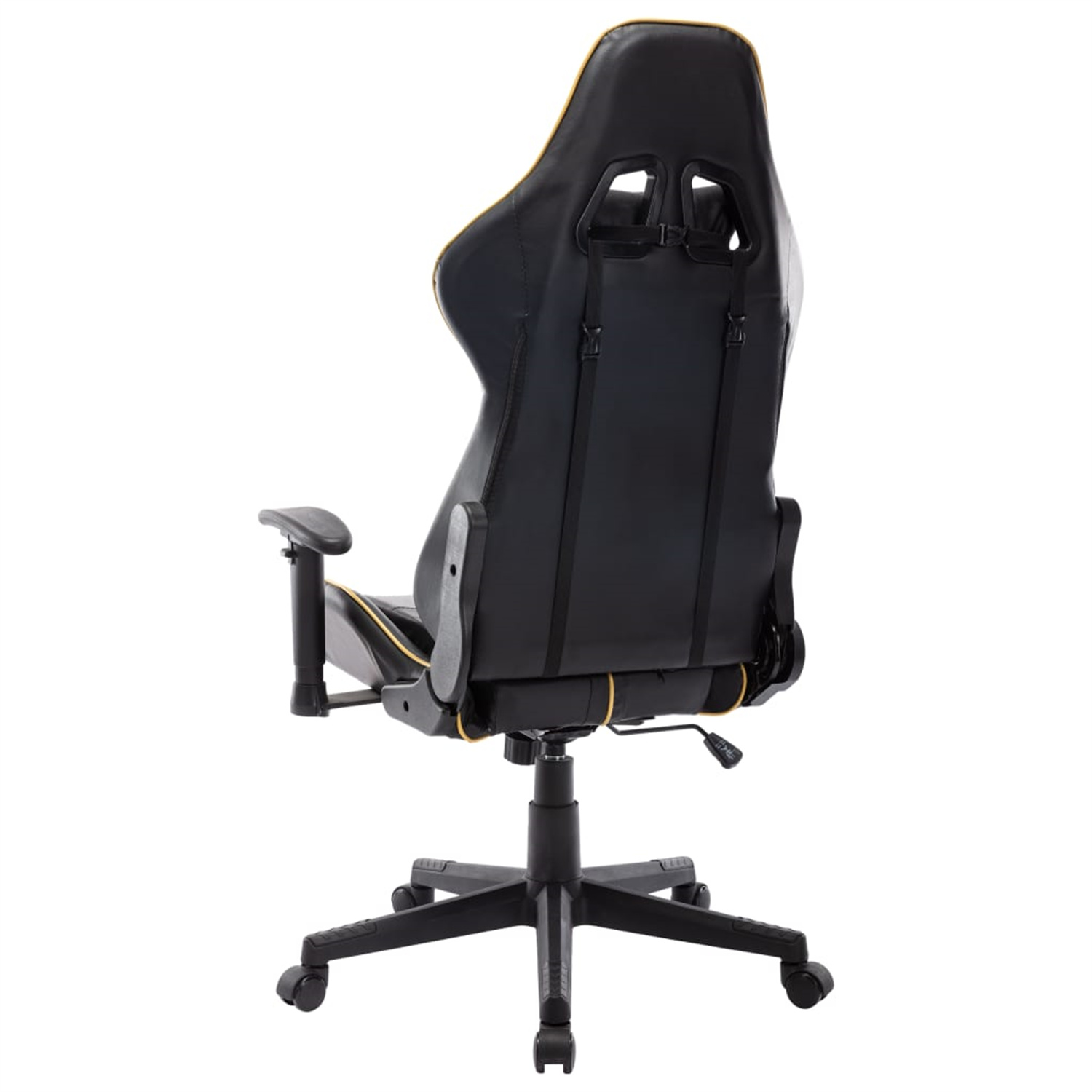 Ein schwarz-goldener Gaming-Stuhl, von hinten betrachtet, mit Rädern und ergonomischem Design.