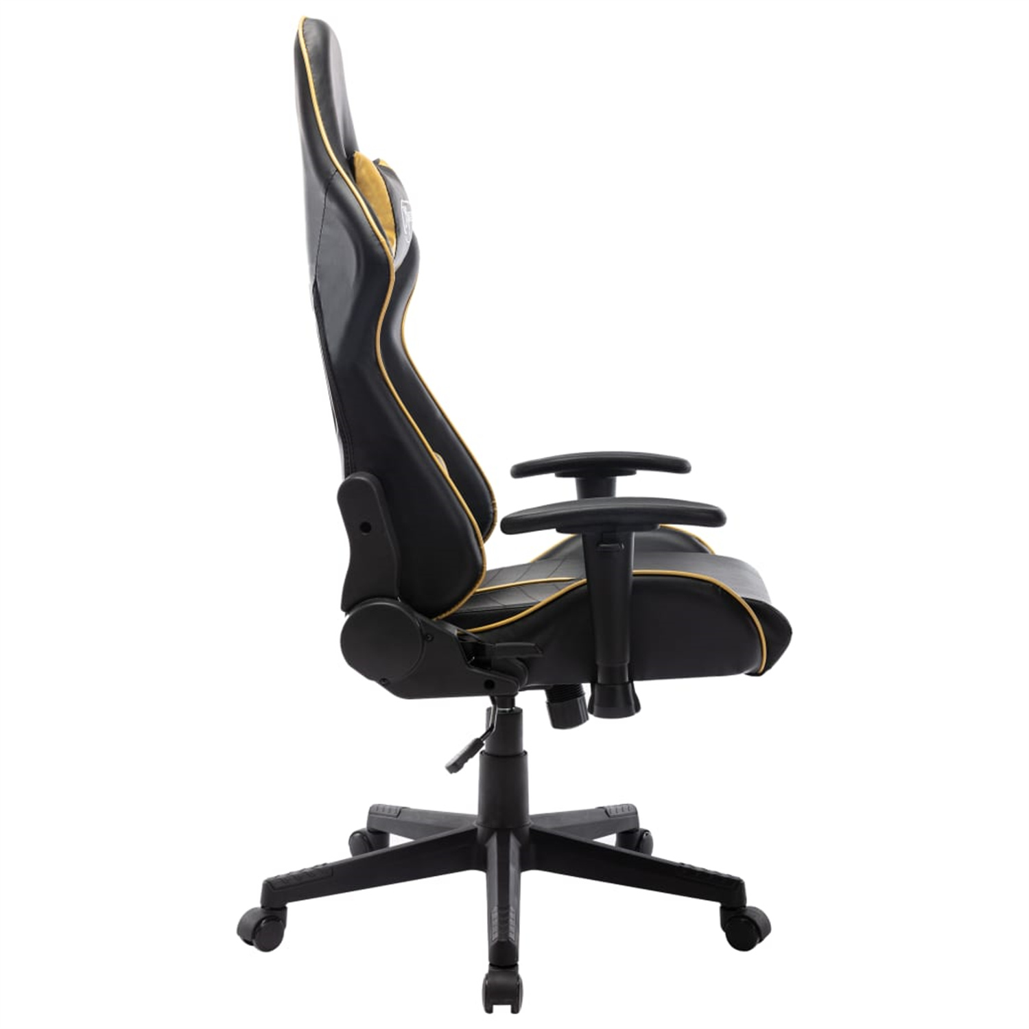 Seitenansicht eines schwarzen Gaming-Stuhls mit gelbem Rand und schwarzen Armlehnen, auf weißem Hintergrund.