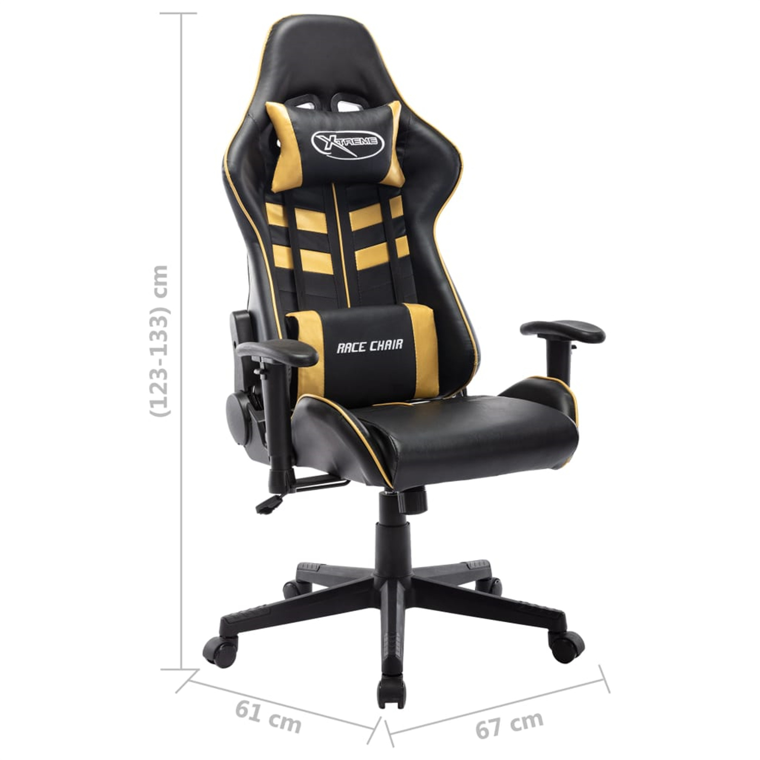 Schwarzer und gelber Gaming-Stuhl mit Maßen, schwarzem Fuß mit Rollen und Kopfstütze.