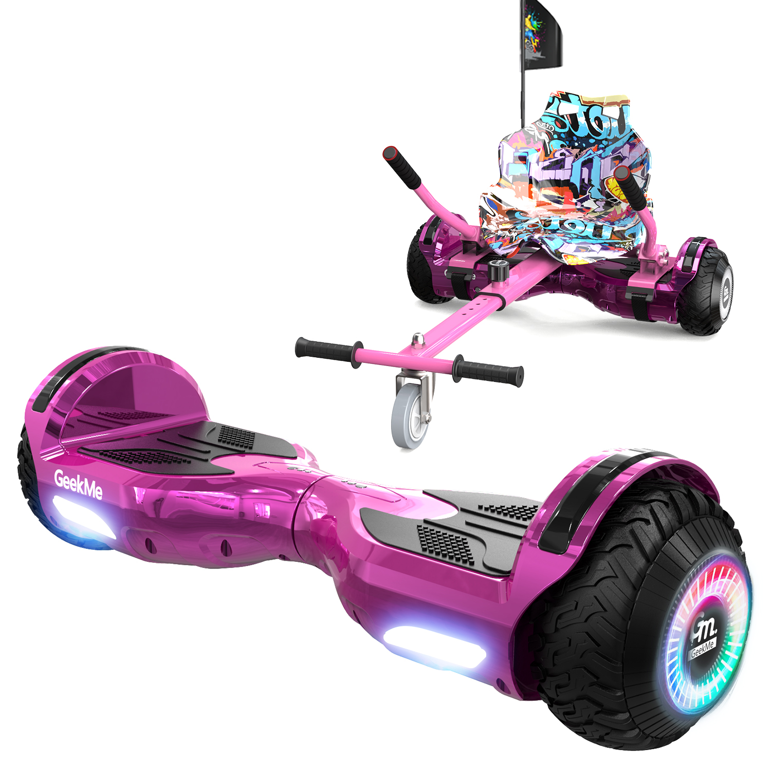 Un hoverboard rosa e un hoverboard in stile go-kart con una bandiera. Entrambi su sfondo bianco.