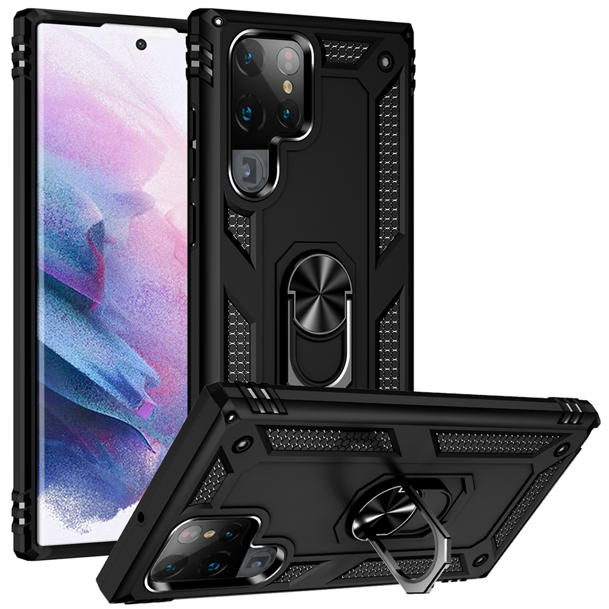 Zwarte telefoonhoesjes. Eén telefoon zit in een hoesje met een ringhouder. Witte achtergrond.