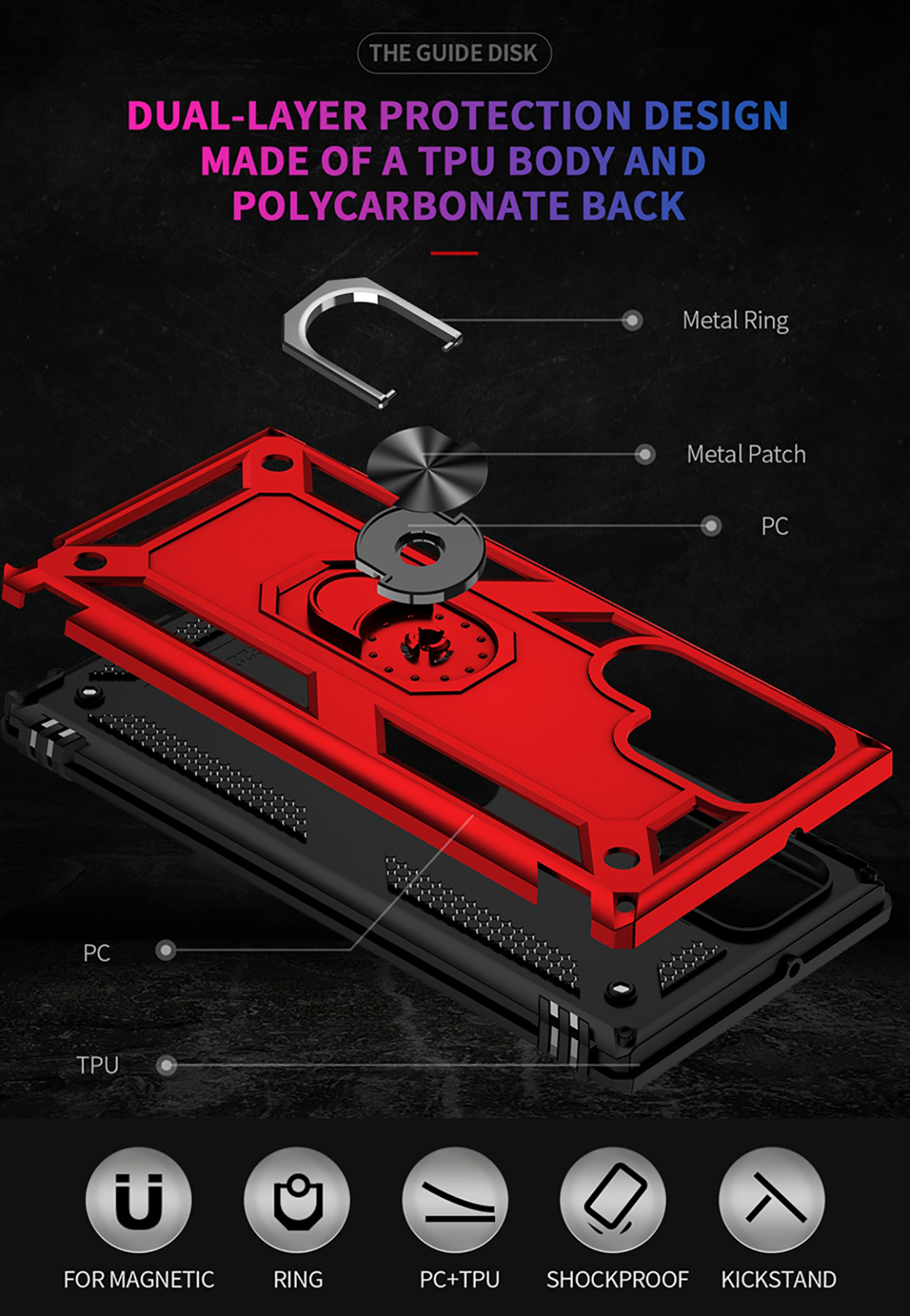 Diagram van een telefoonhoesje met lagen en functies: ring, PC, TPU en schokbestendig ontwerp.