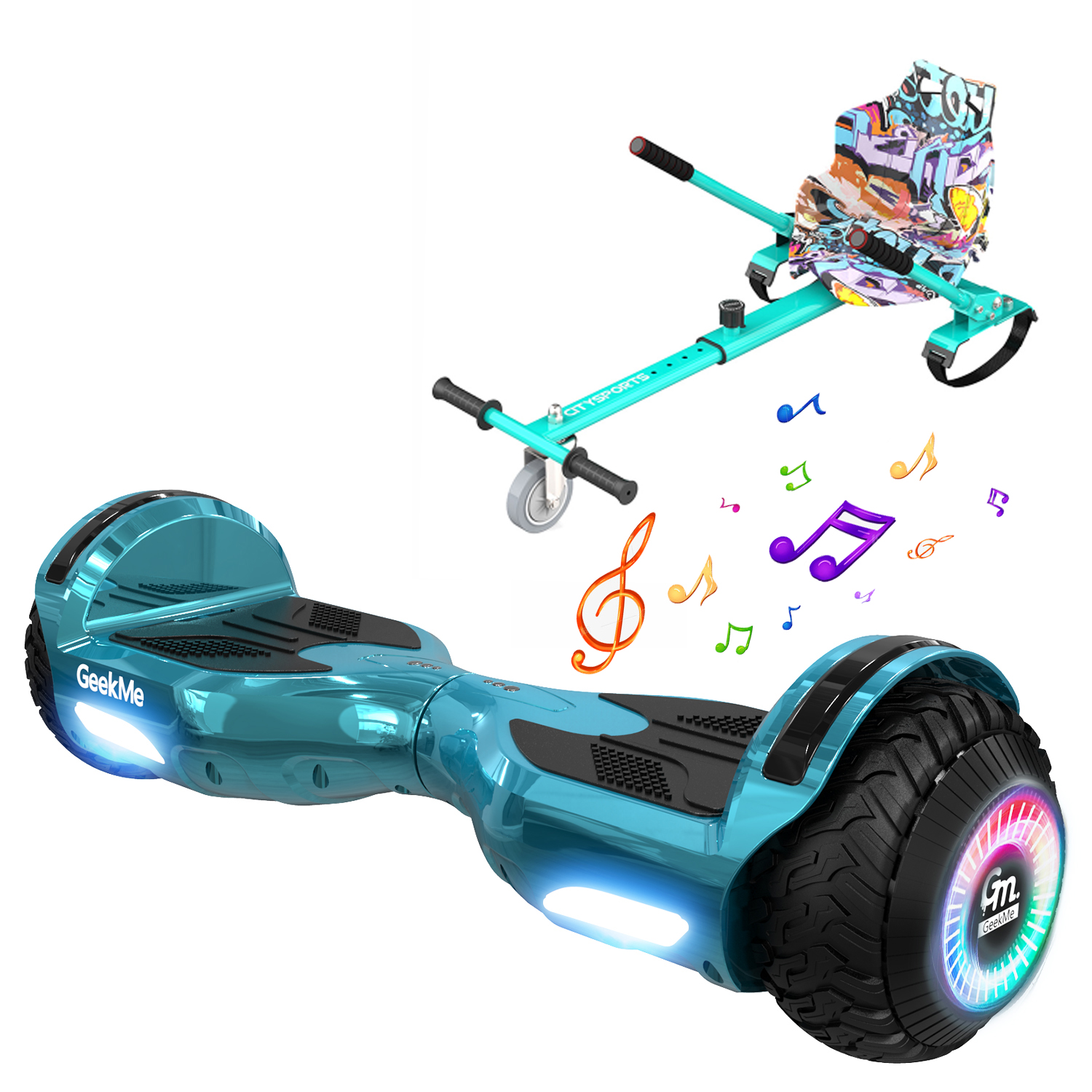 Un hoverboard blu con un attacco per sedile. L'hoverboard è blu con luci. Lo sfondo è bianco.