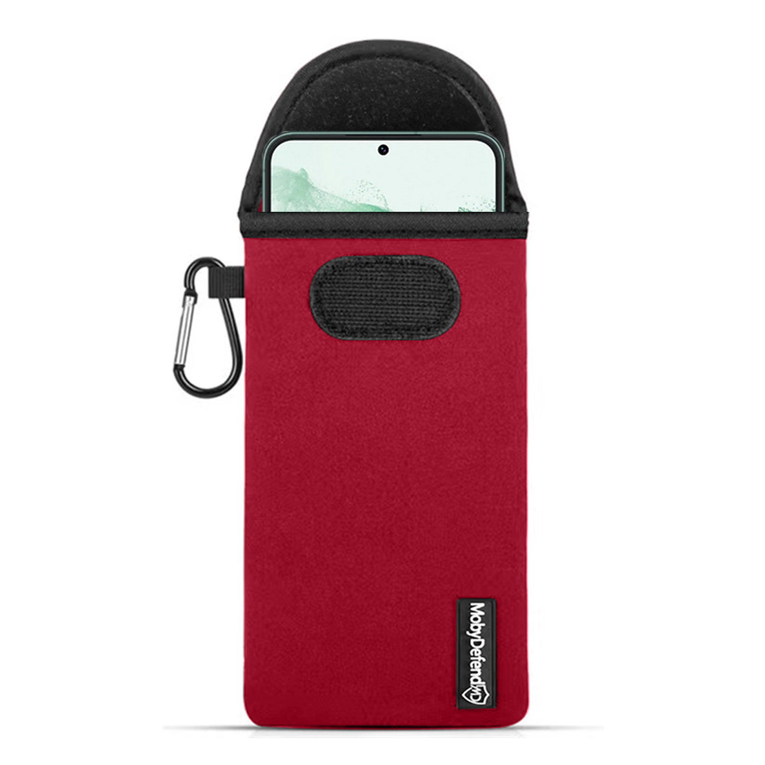 Een rode telefoonhoes met een zwarte bovenkant en een zilveren karabijnhaak.