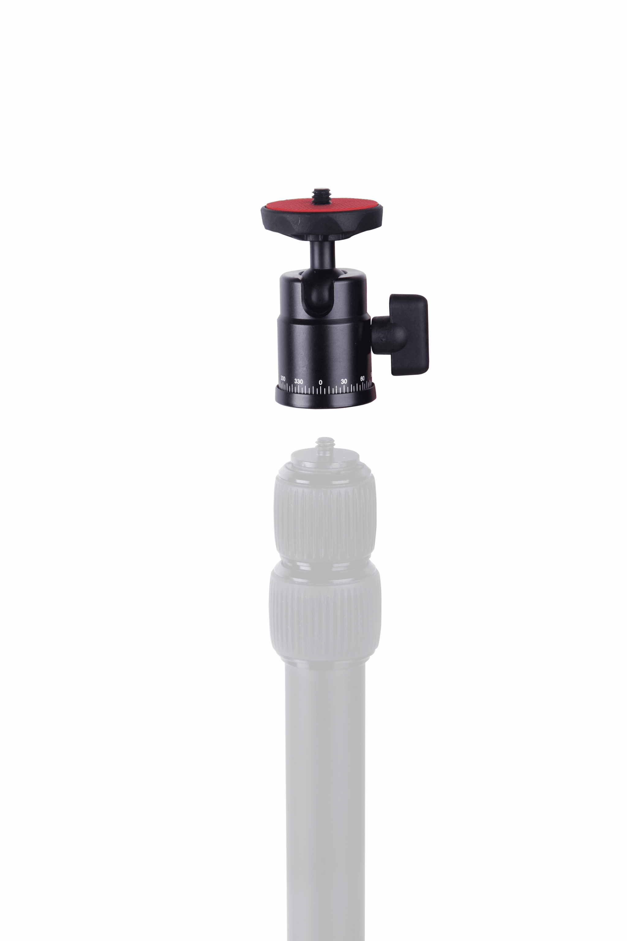 Black tripod ball head with red top, ready to be mounted on a tripod.