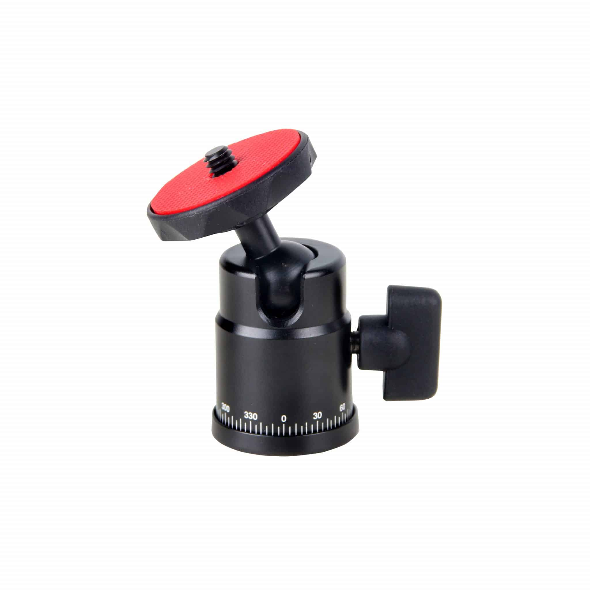 Black tripod head with a red top and a black handle, with degree markings on the base.