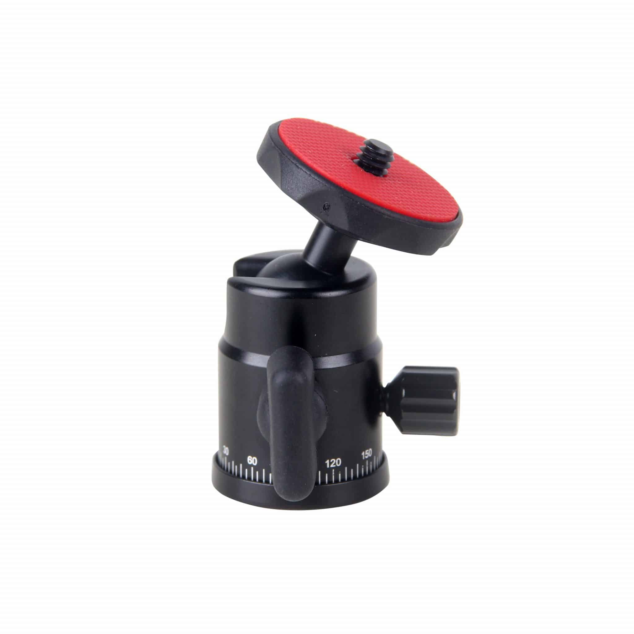 A black tripod head with a red top. It has adjustments for angles and a locking mechanism.