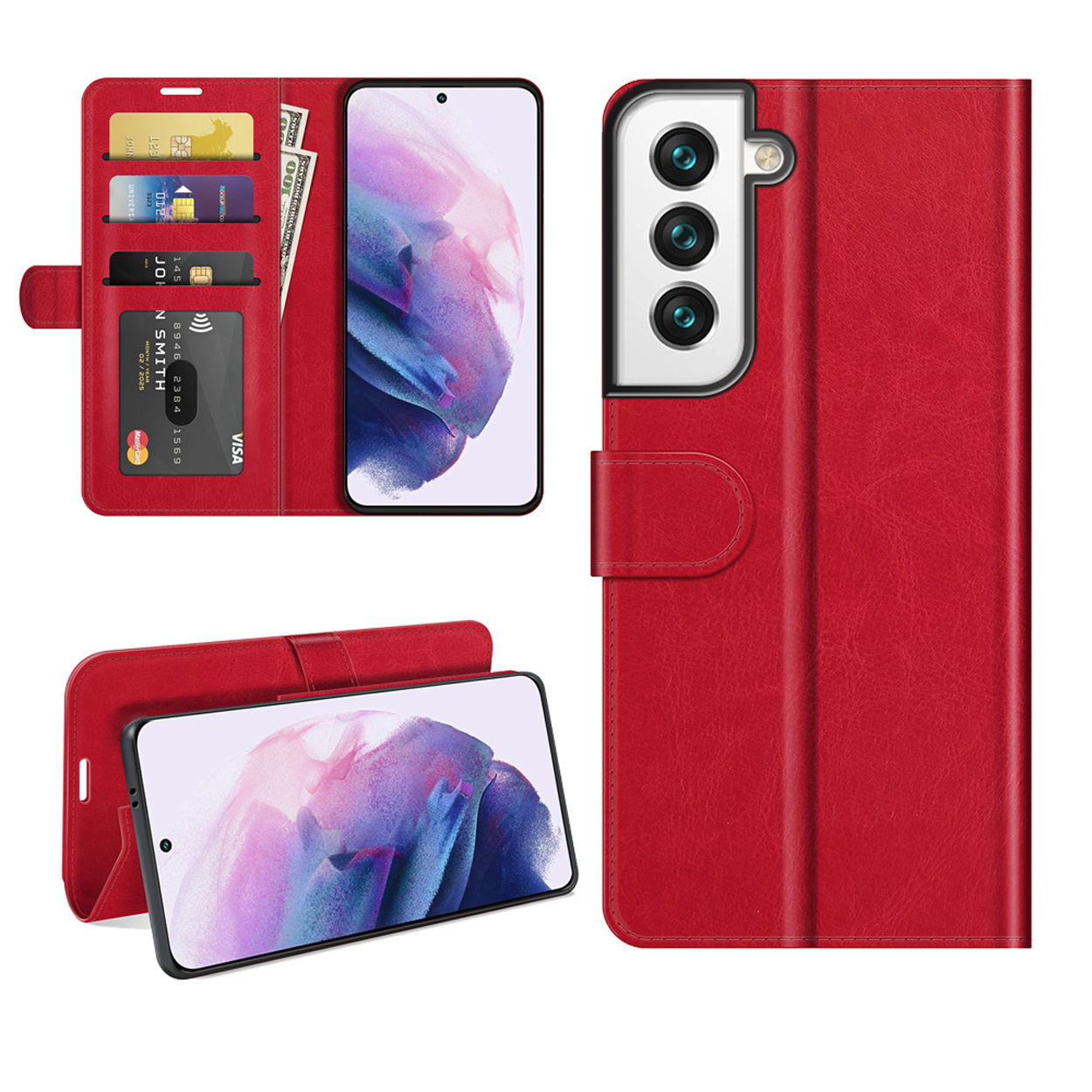Étui portefeuille de téléphone rouge ouvert, contenant des cartes et de l'argent, avec un téléphone à l'intérieur. Fond blanc.