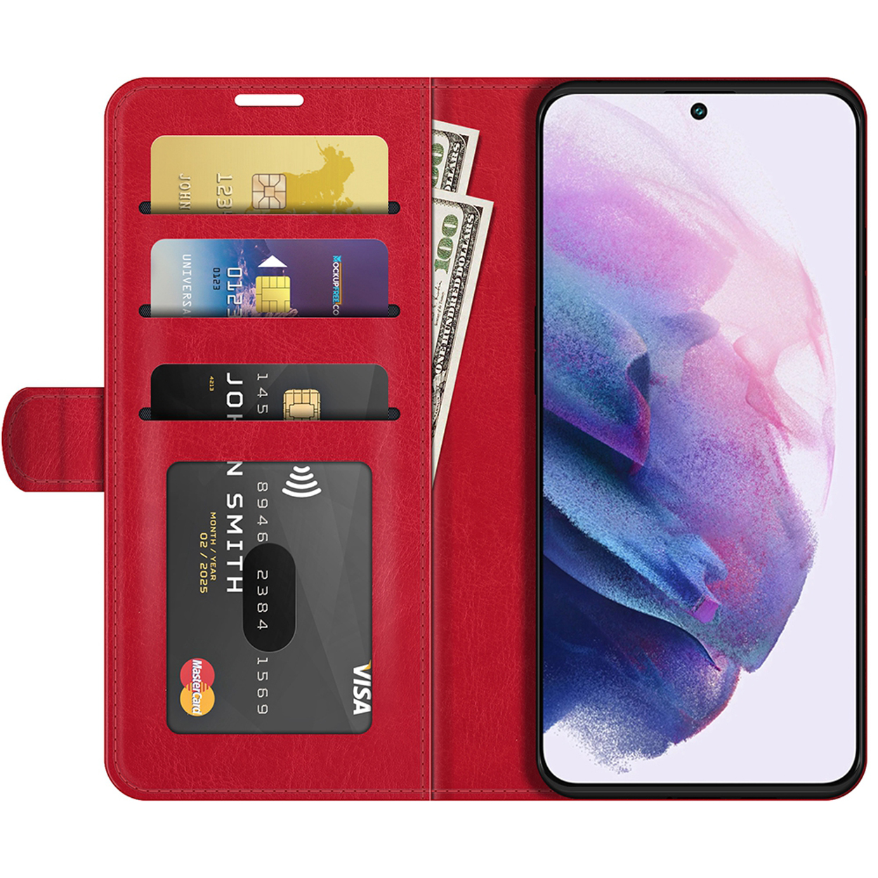 Étui de téléphone en cuir rouge ouvert, montrant cartes, argent et téléphone. Carte noire avec VISA.