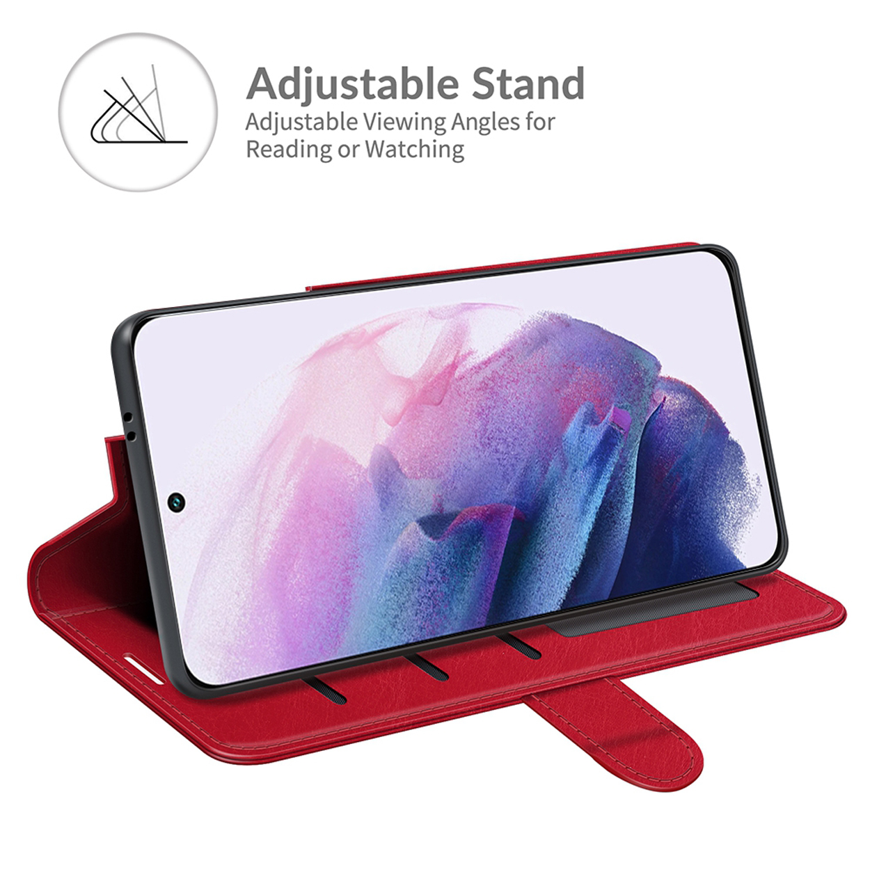Étui de téléphone rouge avec support réglable. Le téléphone est à l'intérieur. Texte : Angles de vision réglables pour lire ou regarder.