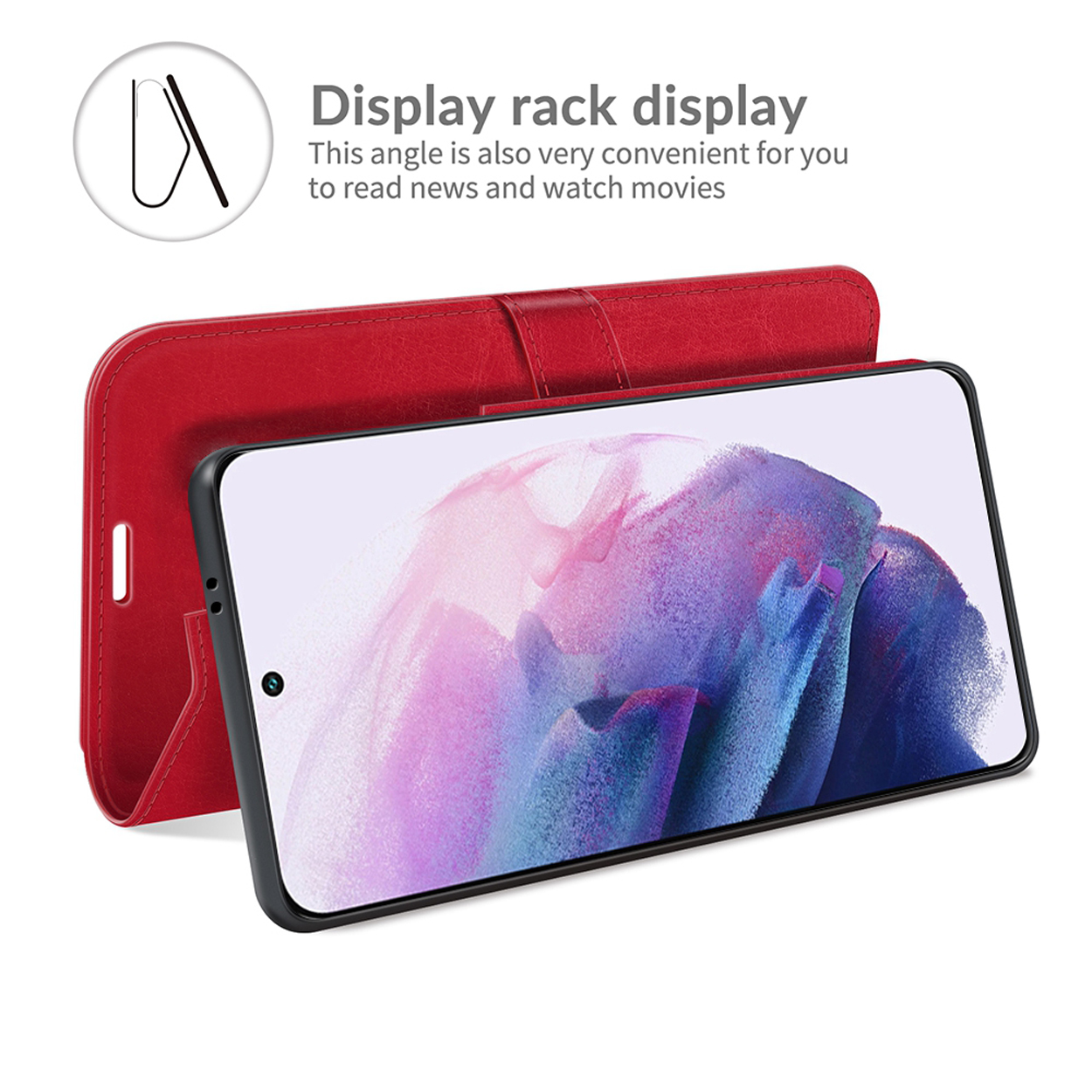 Coque de téléphone rouge ouverte, avec téléphone à l'intérieur, et texte sur l'angle de vision et l'écran.