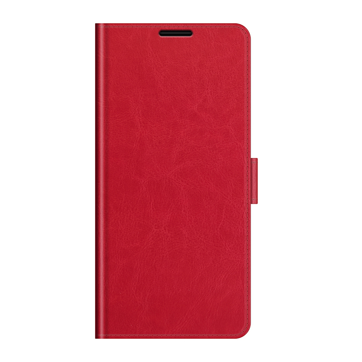 Coque de téléphone en cuir rouge, fermée. Avec rabat et fermeture magnétique.