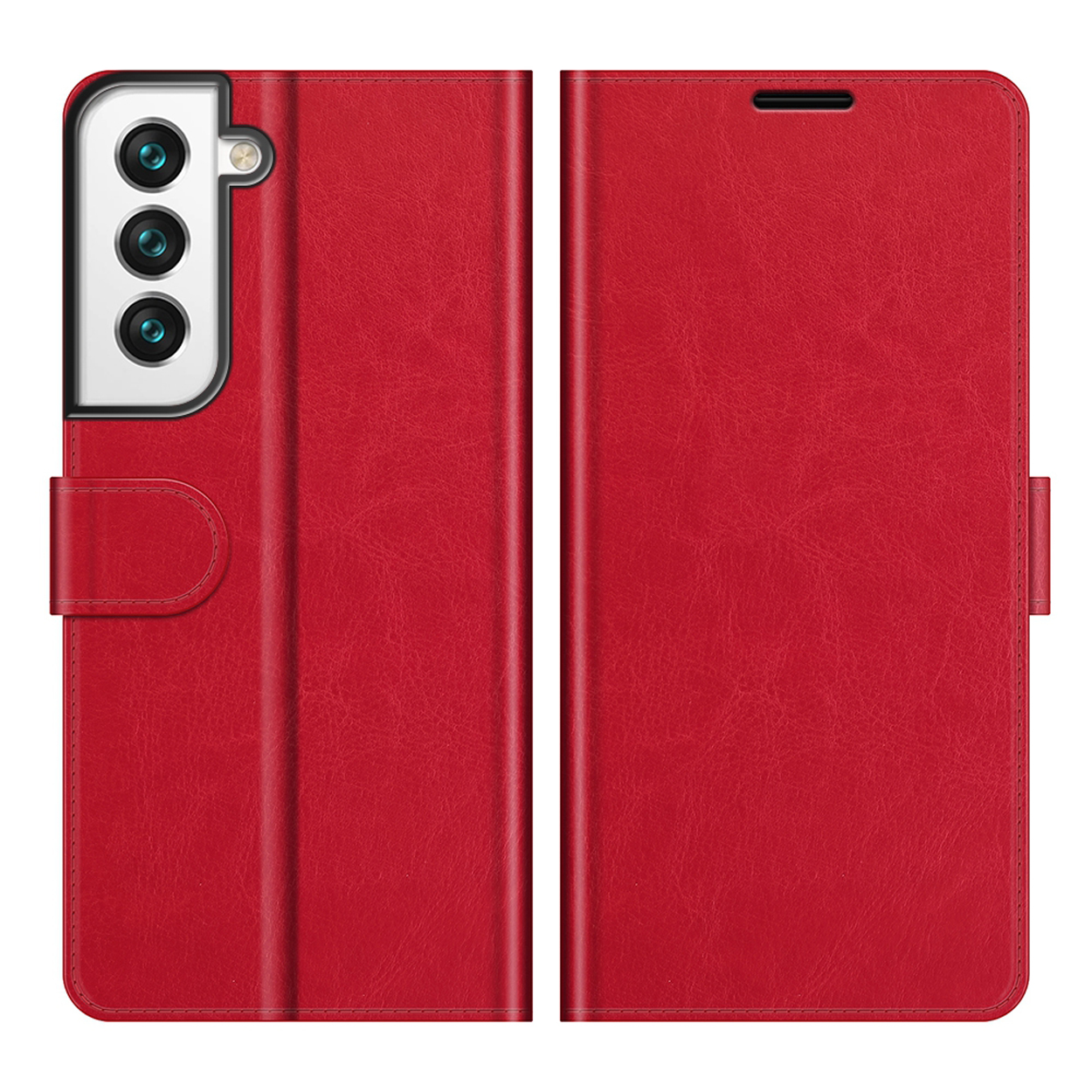 Étui de téléphone en cuir rouge, ouvert et fermé. Caméra du téléphone visible. Couleur rouge unie.