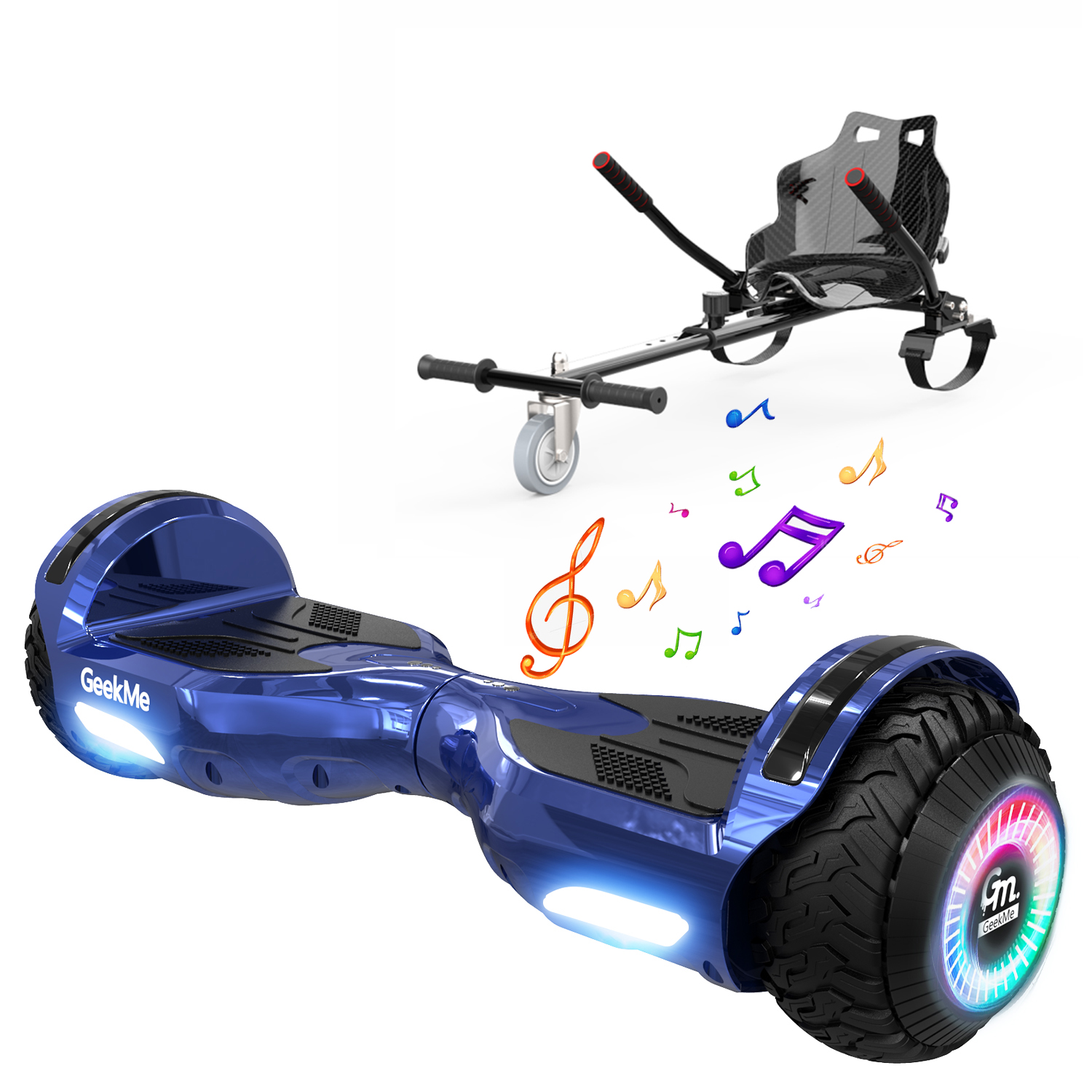Hoverboard blu e accessorio go-kart nero con note musicali.