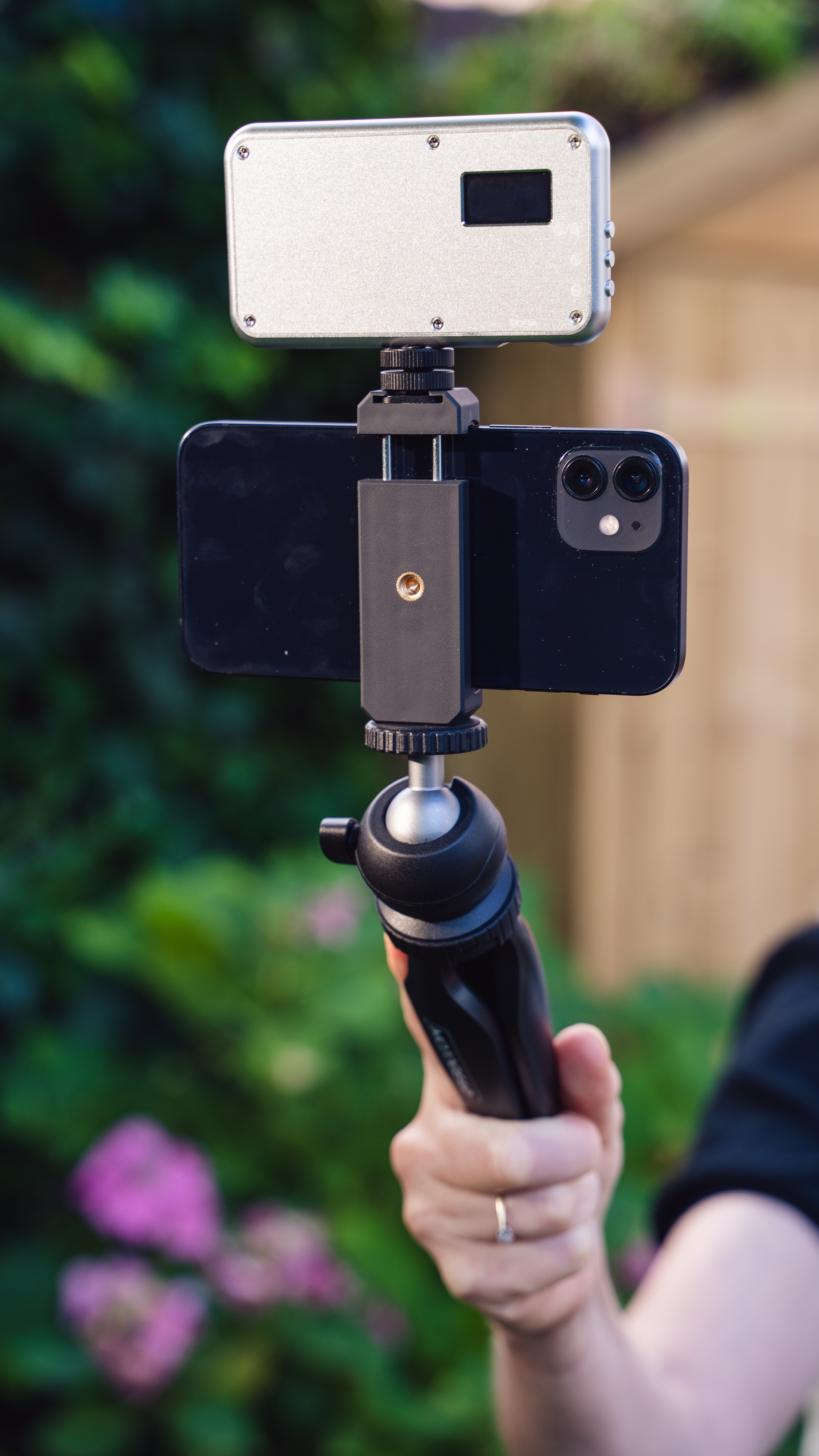 A smartphone mounted on a tripod with a light. Hand holding the tripod. Background is a garden.