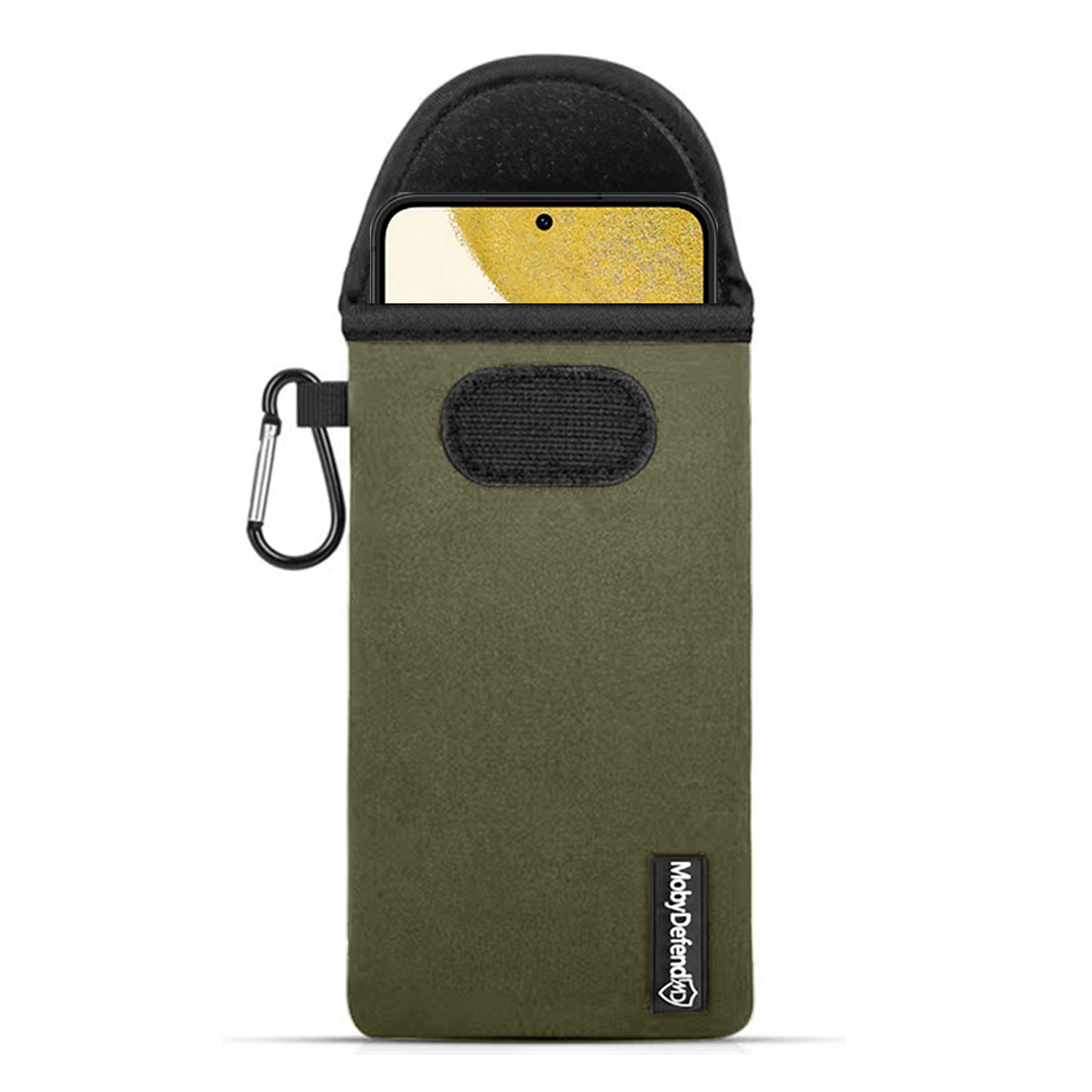 Groene telefoonhoes met een telefoon erin. Het heeft een haak. Witte achtergrond.