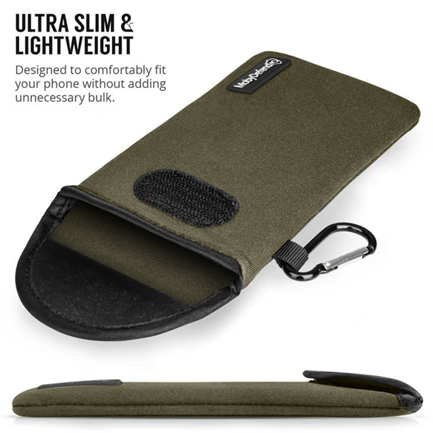 Groene telefoonsleeve met een karabijnhaak. Zwart interieur. Witte achtergrond.