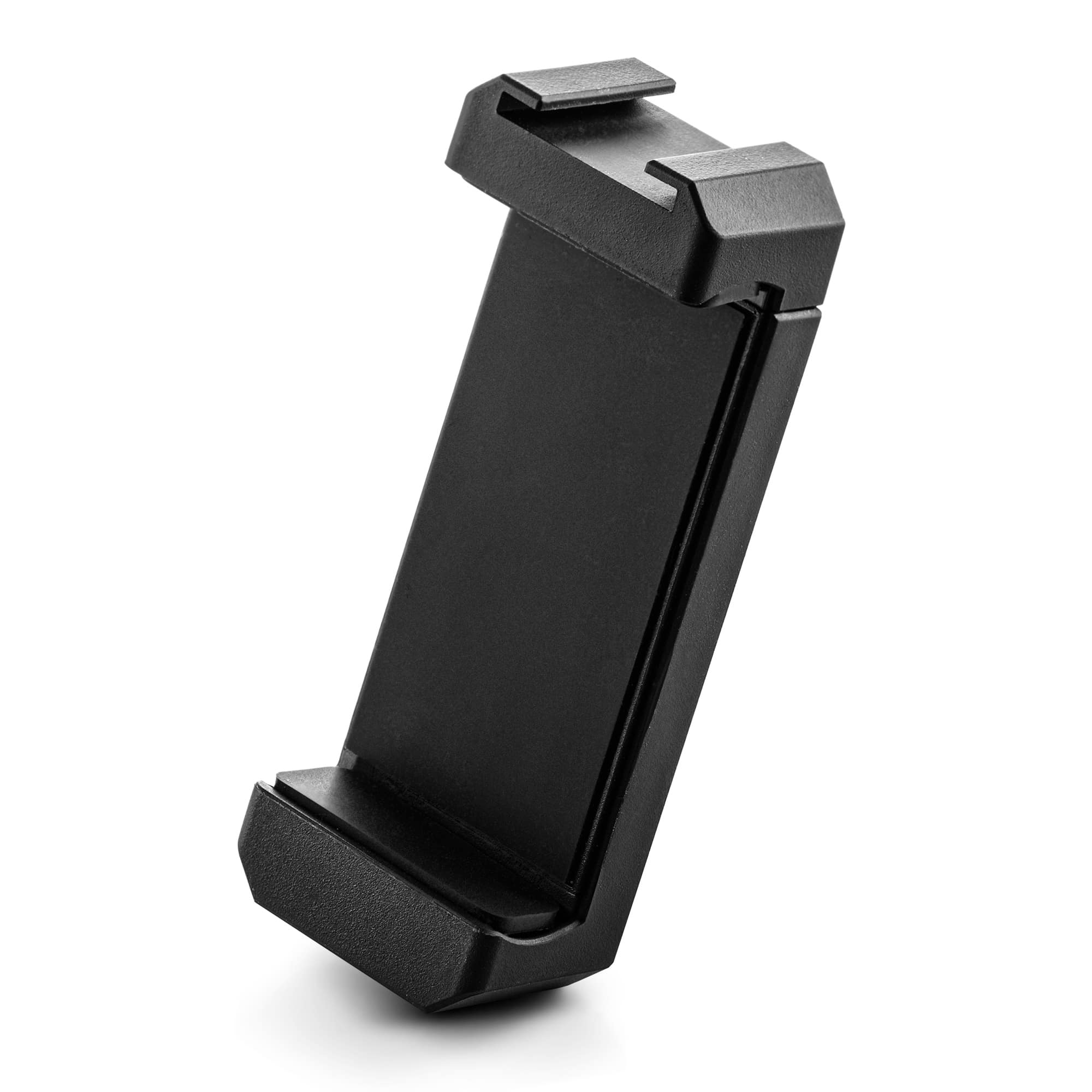 Un support de téléphone noir, conçu pour tenir un téléphone, sur un fond blanc.