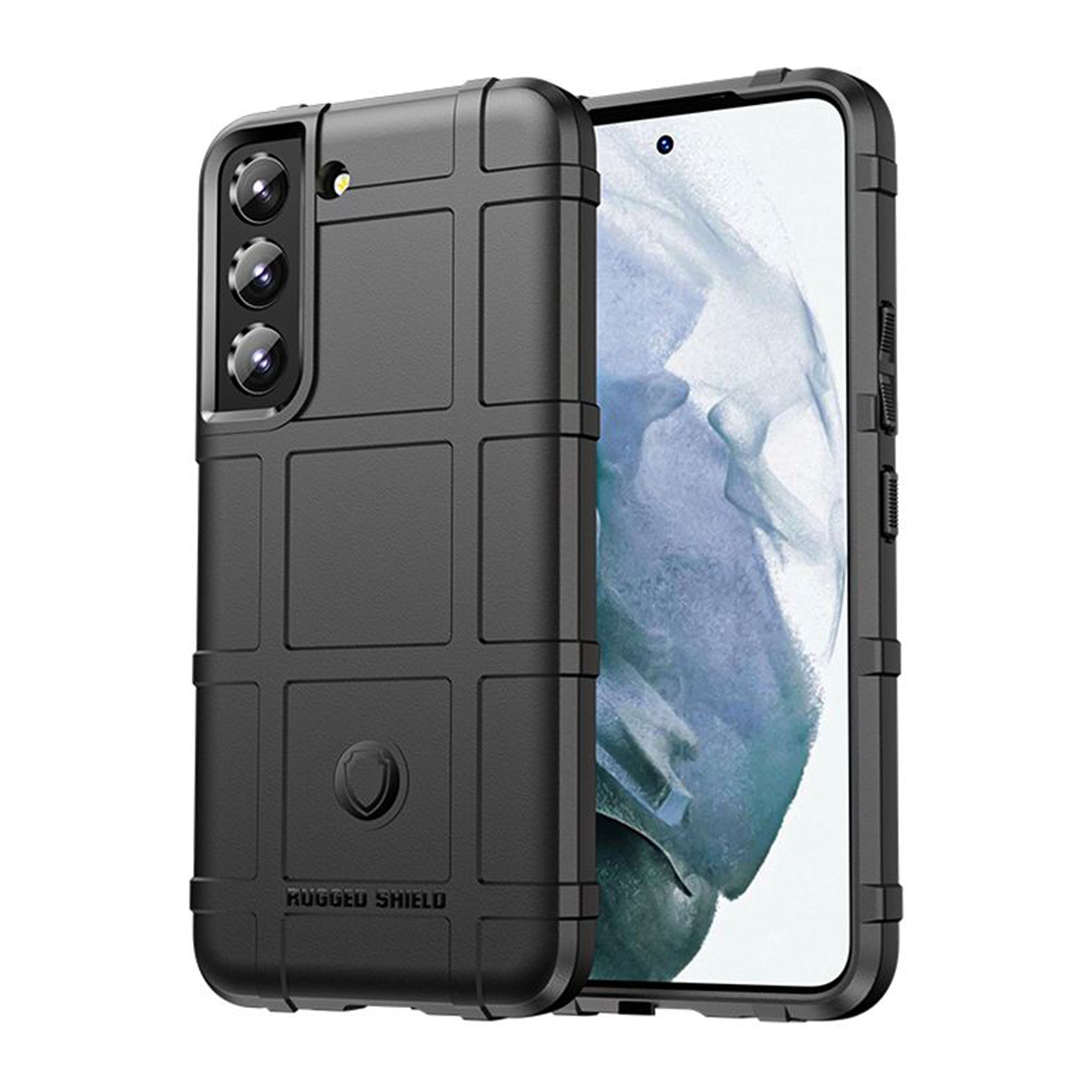 Zwarte telefoonhoes met een rasterontwerp en het Rugged Shield-logo.