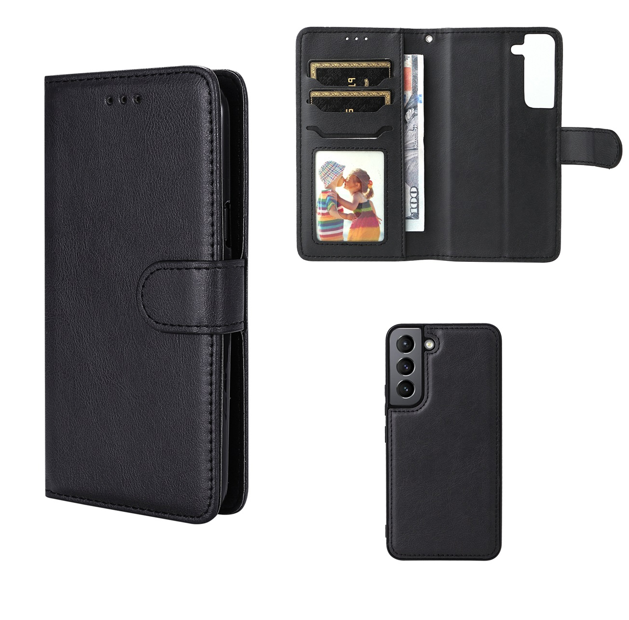 Étui portefeuille noir pour téléphone avec plusieurs compartiments, avec un téléphone à l'intérieur et à l'extérieur.