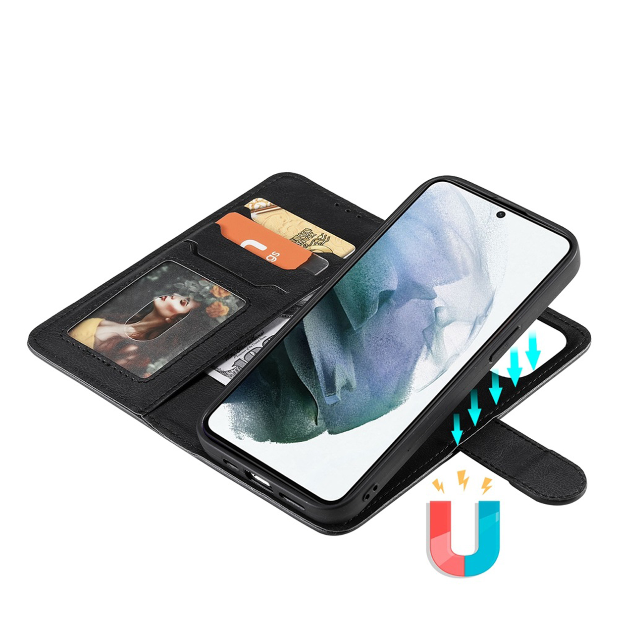 Étui de téléphone noir avec téléphone, cartes et argent liquide. L'étui est ouvert, avec un symbole d'aimant.