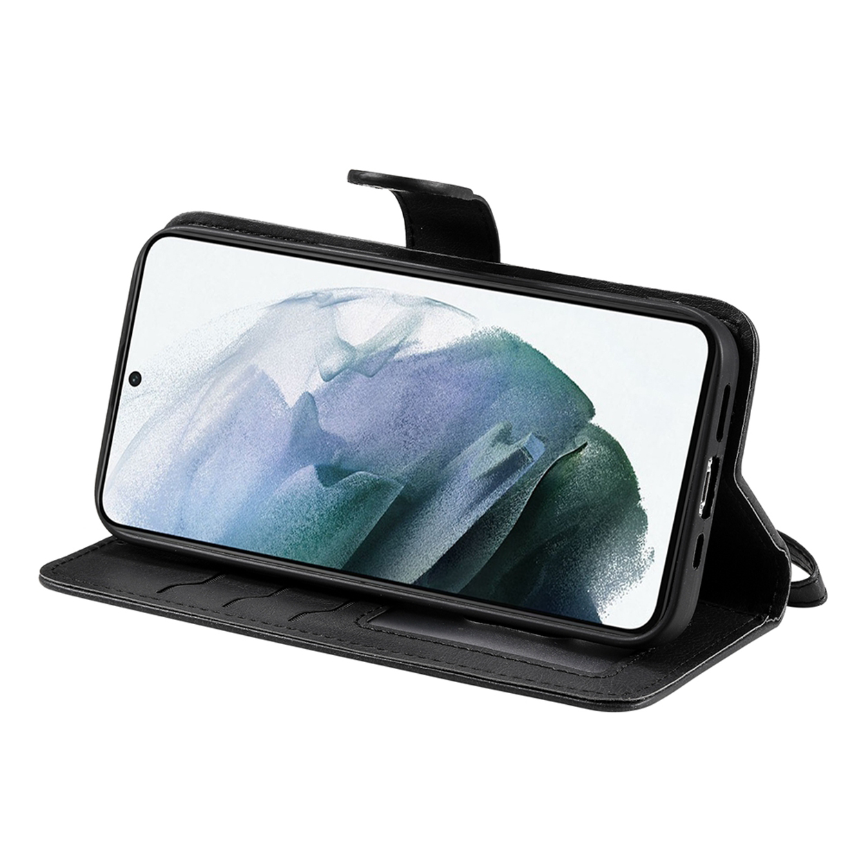 Téléphone dans un étui noir, ouvert, sur un support, avec l'écran vers le haut.