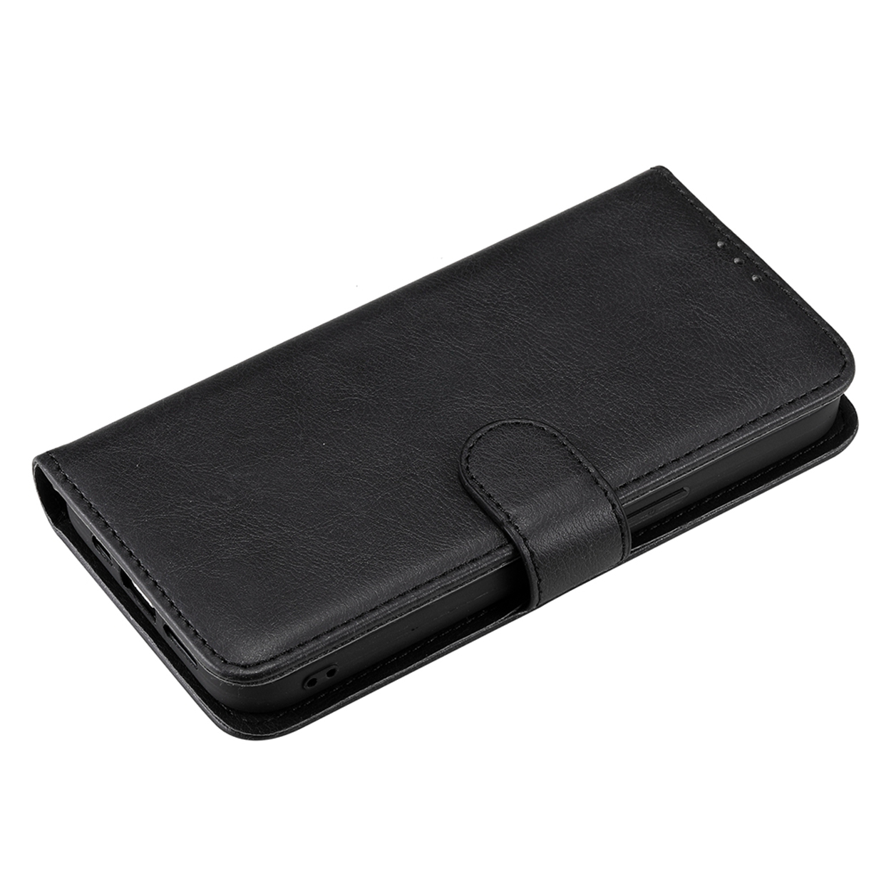 Étui de téléphone en cuir noir, fermé, sur fond blanc.