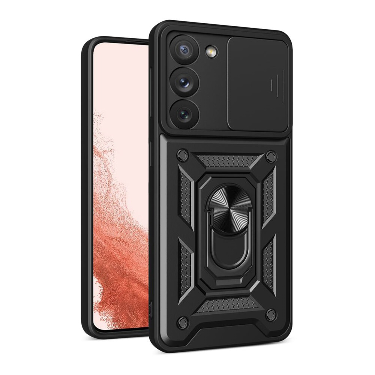Zwarte telefoonhoes met een camerahoes en ringhouder. Telefoon is zichtbaar.