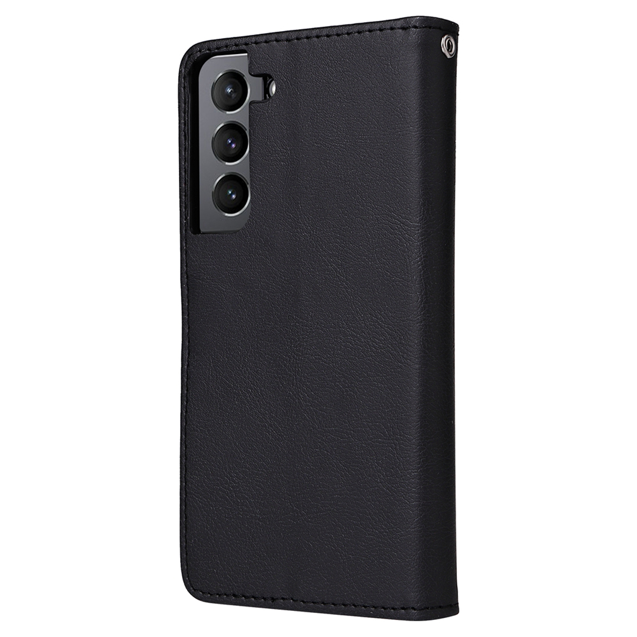 Coque de téléphone noire, fermée. Elle a un aspect cuir. Elle possède 3 lentilles de caméra.