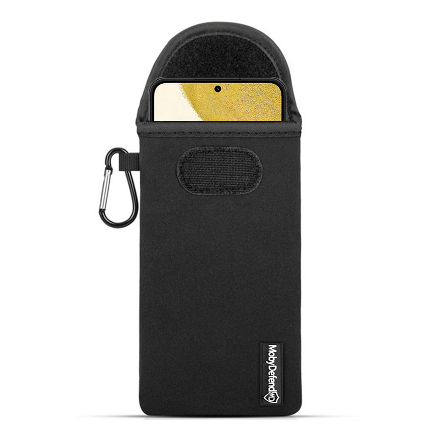 Pochette de téléphone noire avec mousqueton, tenant un téléphone. Sangle verte et fond blanc.