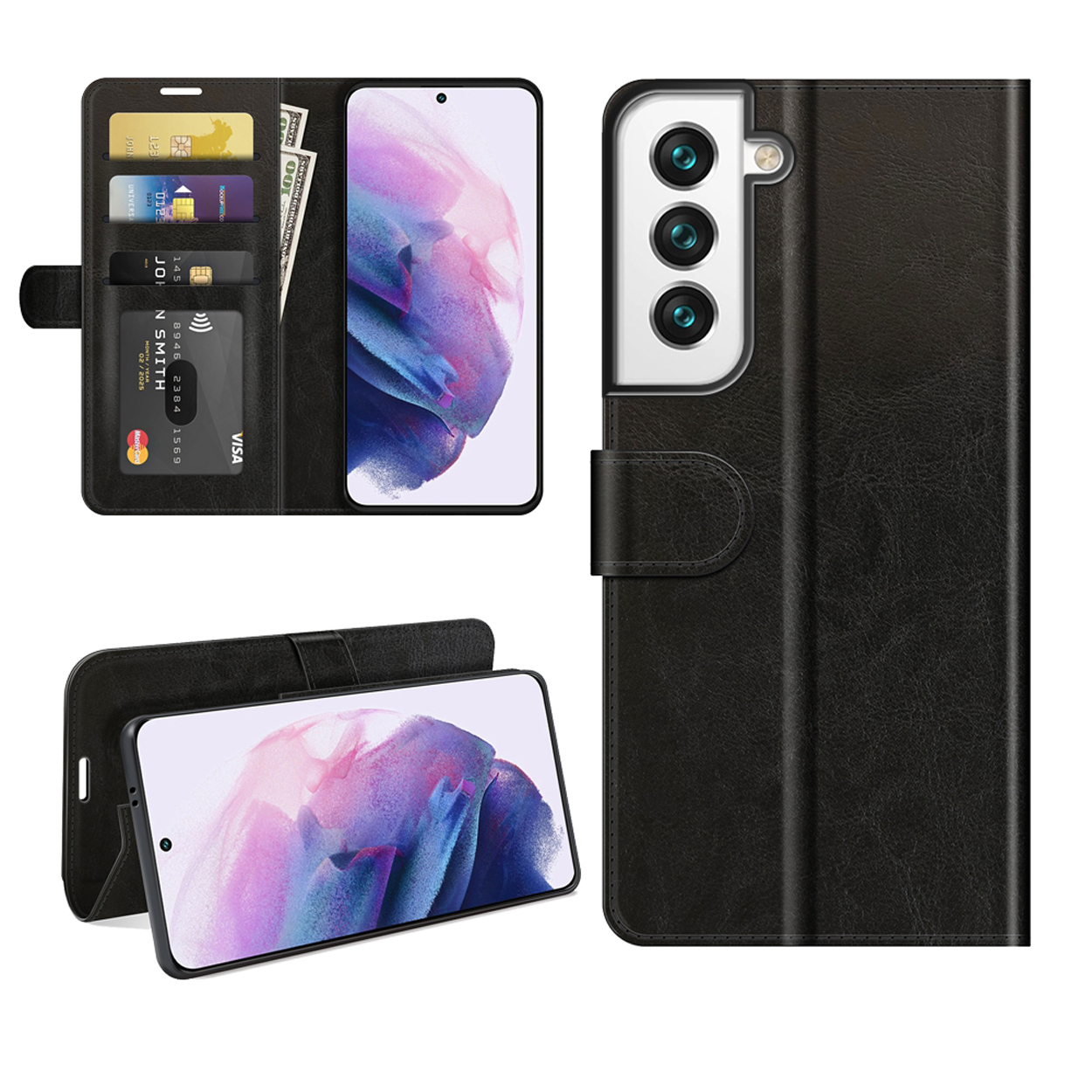 Coque de téléphone noire avec cartes et argent. Téléphone à l'intérieur. Fond blanc.