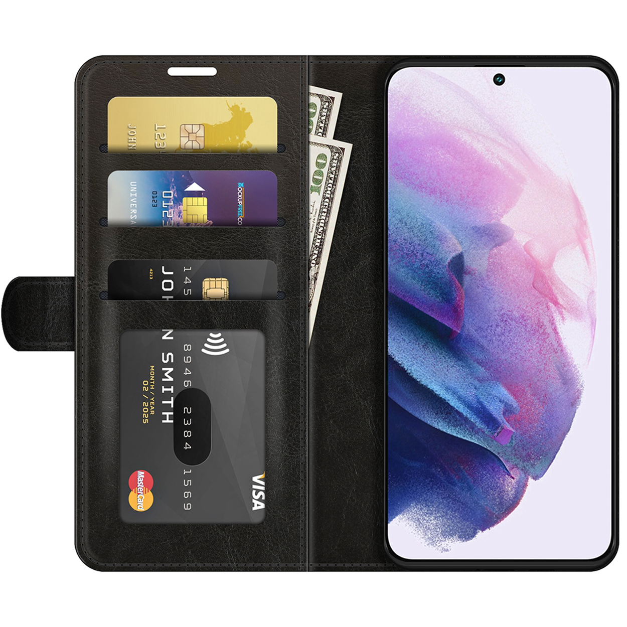 Étui de téléphone noir ouvert avec cartes et argent. Téléphone visible. Fond blanc.