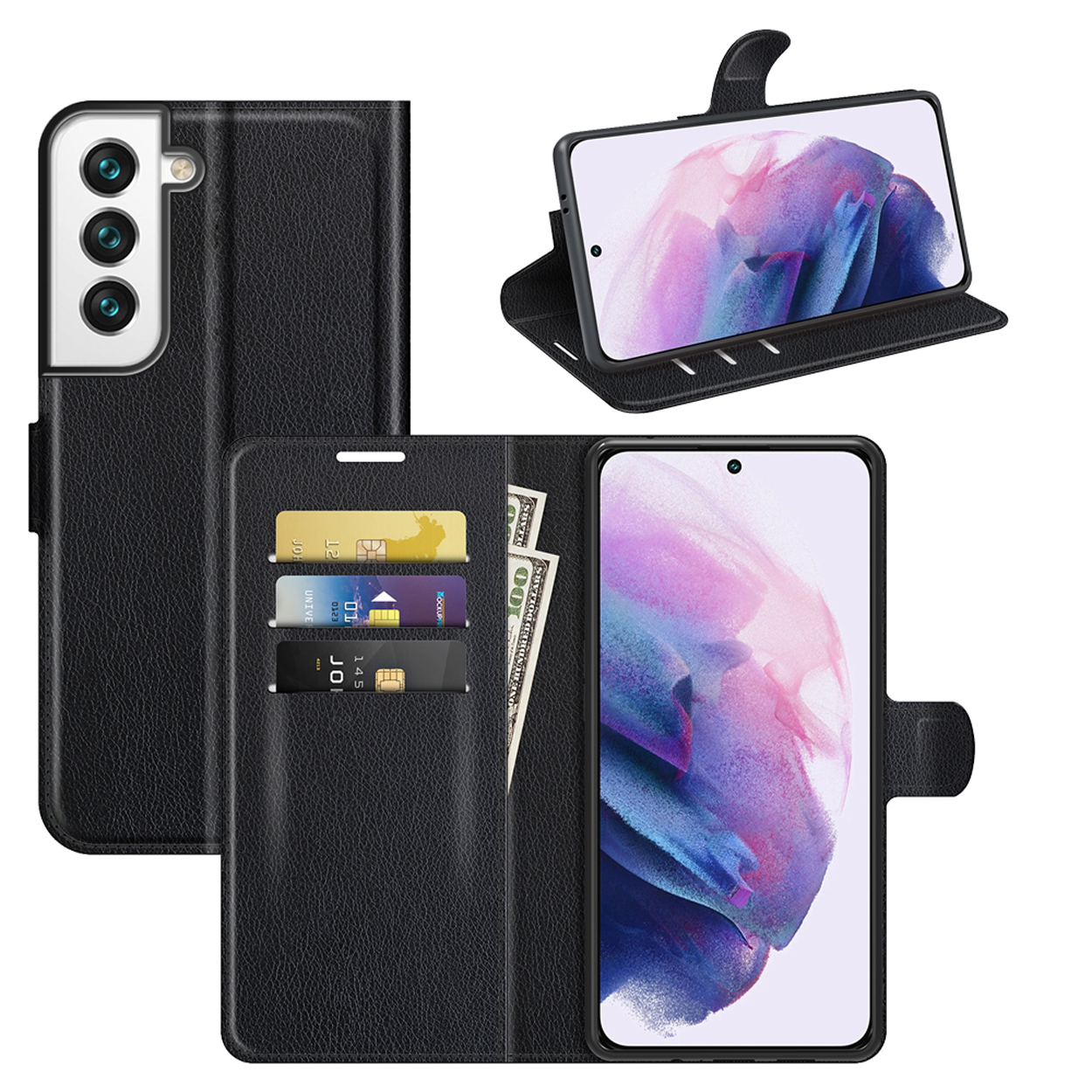 Zwarte telefoonhoes met portemonnee-functie, kaarten, contant geld en telefoon.