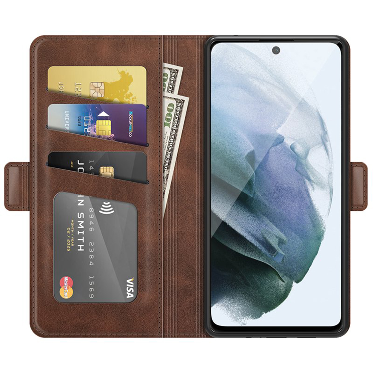 Bruine leren telefoonhoes, open met creditcards, contant geld en een telefoon. Witte achtergrond.